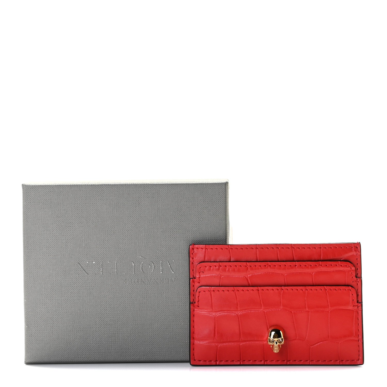 Alexander McQueen Calfskin Crocodile Embossed Skull Card Holder Scarlet Red 6 of 6