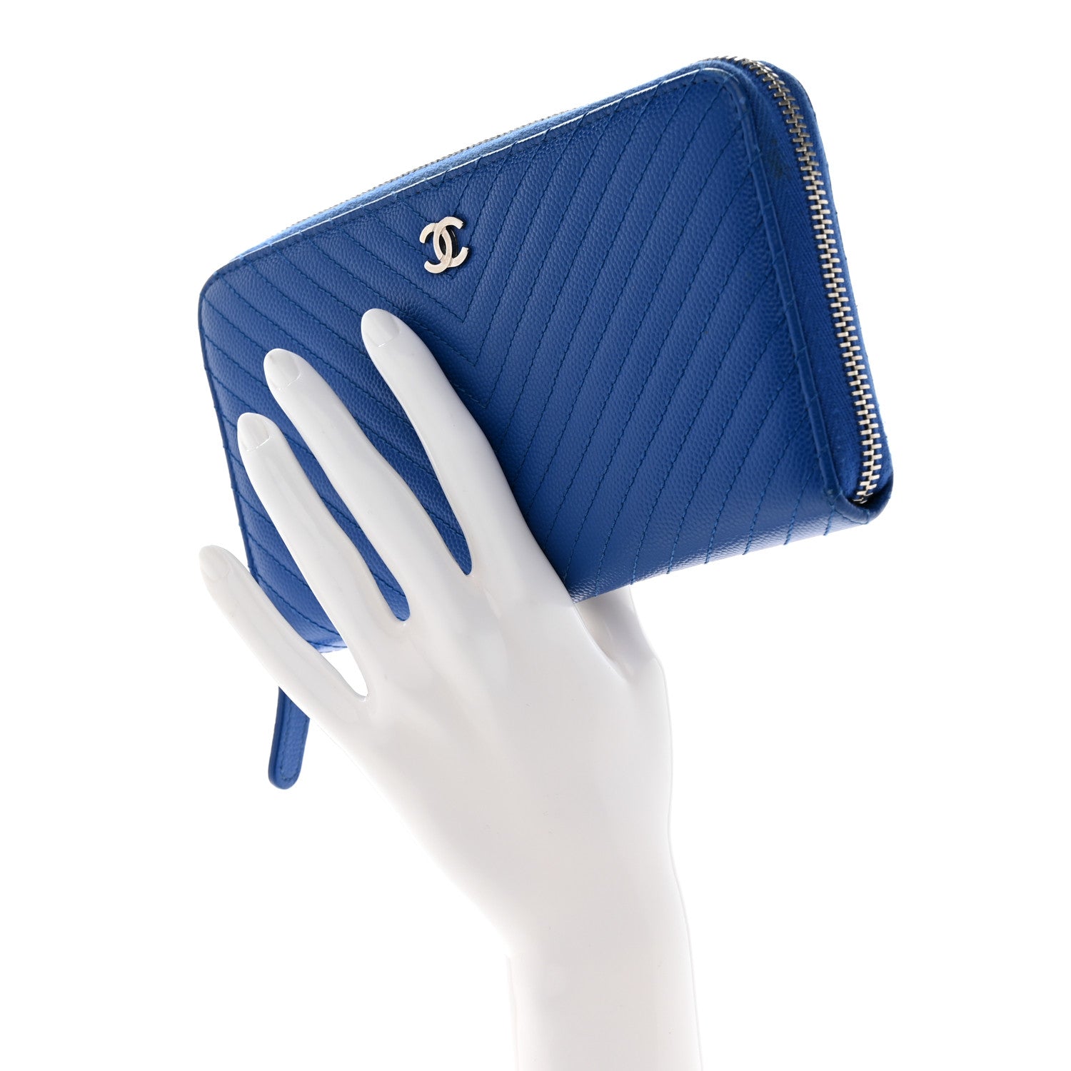 Chanel Caviar Chevron Quilted Large Gusset Zip Around Wallet Bright Blue 2 of 11
