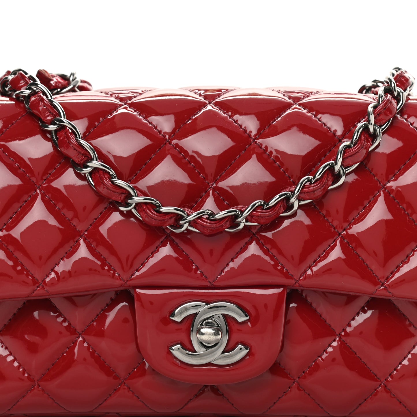 Patent Calfskin Quilted Mini Rectangular Flap Red