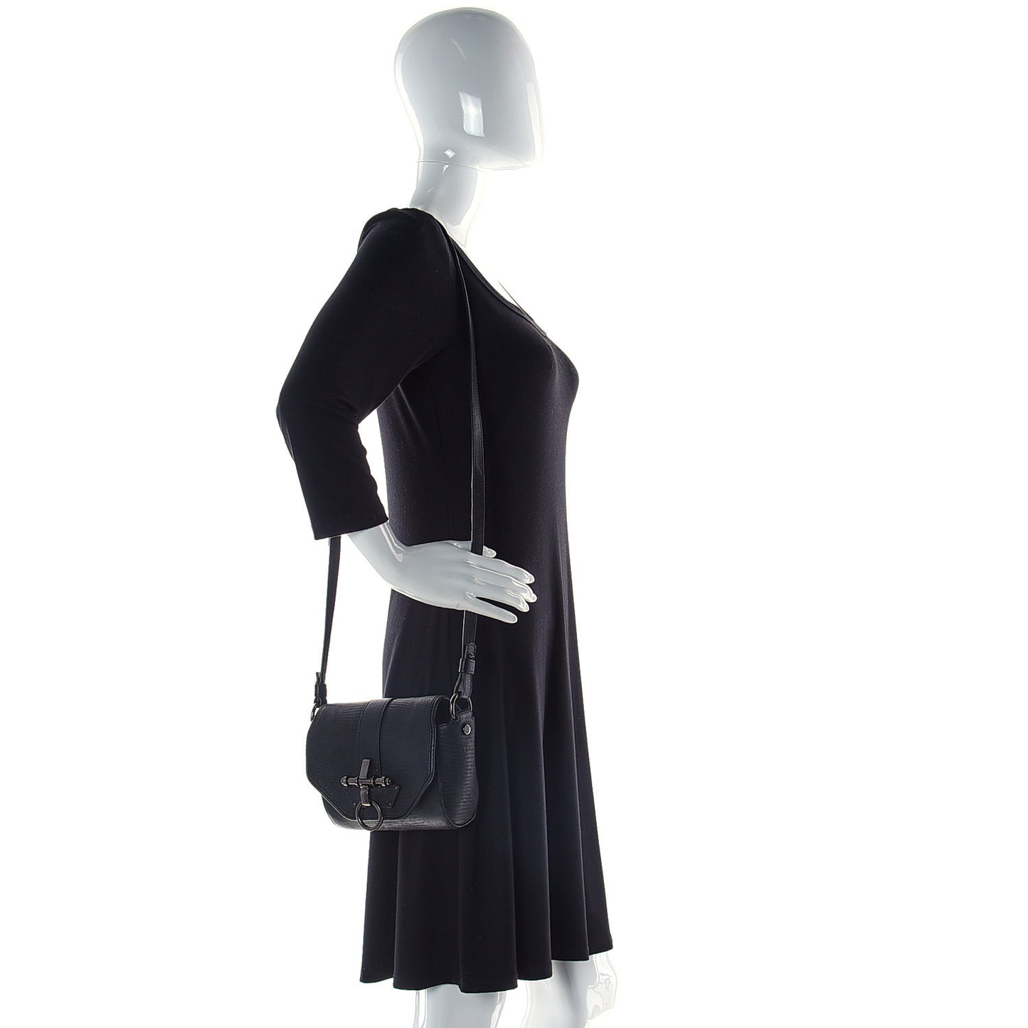 Lambskin Lizard Embossed Obsedia Shoulder Bag Black