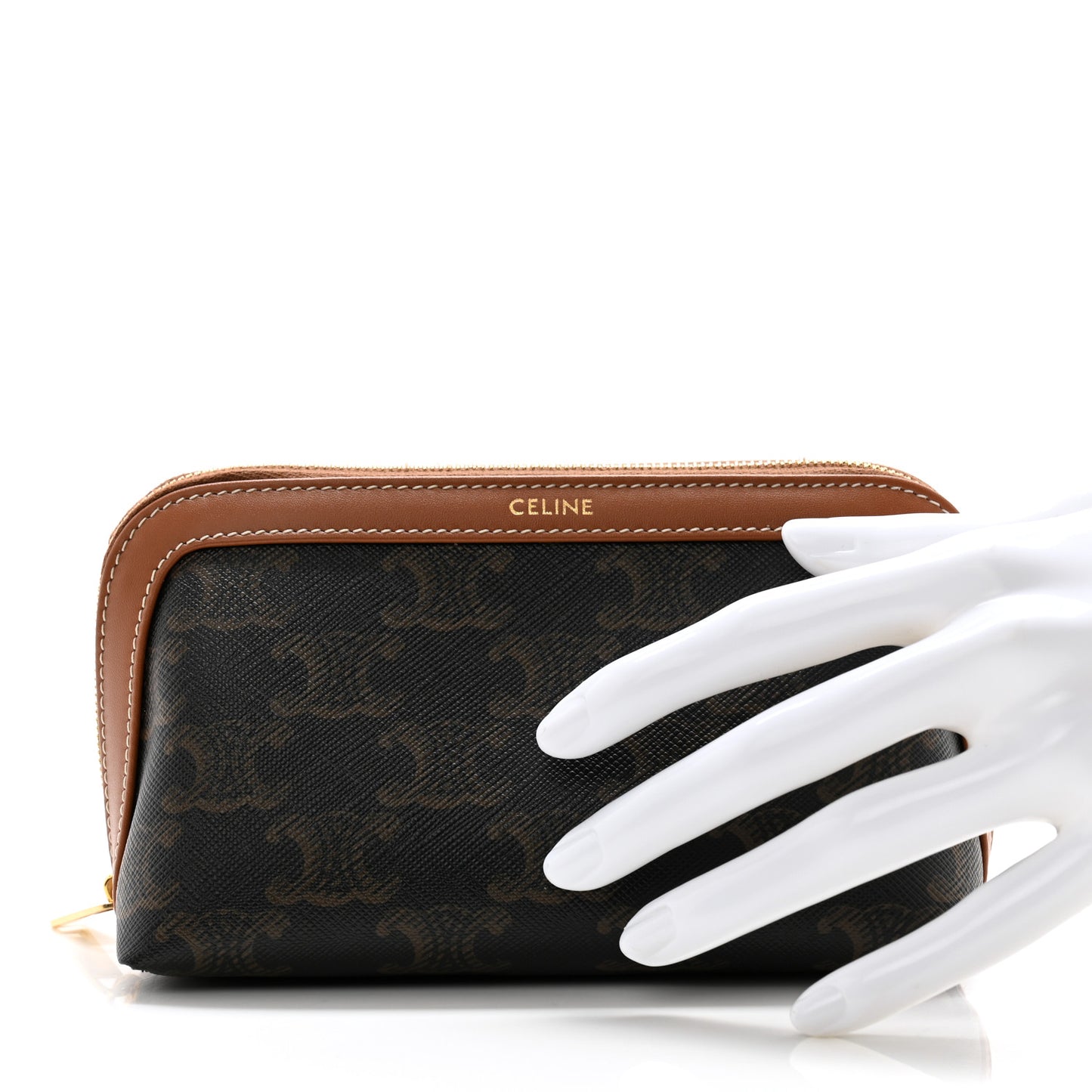 Triomphe Canvas Calfskin Small Cosmetic Pouch Tan