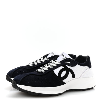 Chanel Fabric Suede Kidskin CC Sneakers 39 Dark Navy White 4 of 10