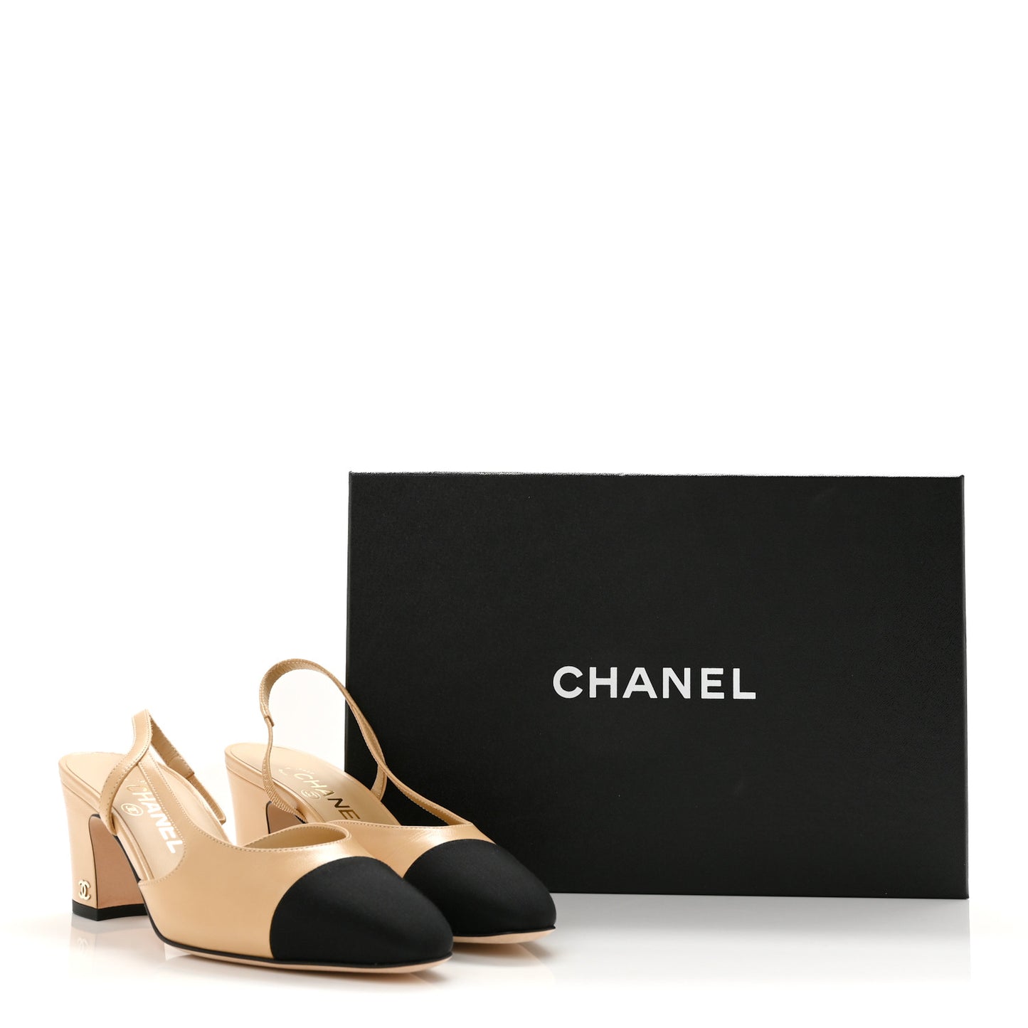 Goatskin Grosgrain Cap Toe CC Slingback Pumps 37 Beige Black