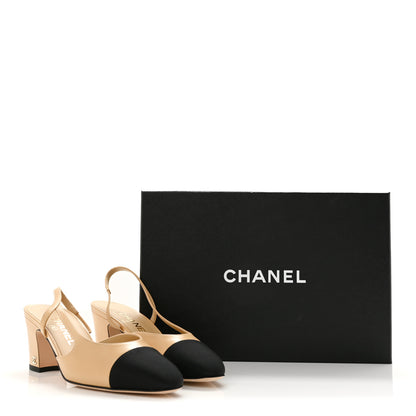 Chanel Goatskin Grosgrain Cap Toe CC Slingback Pumps 37 Beige Black 10 of 10
