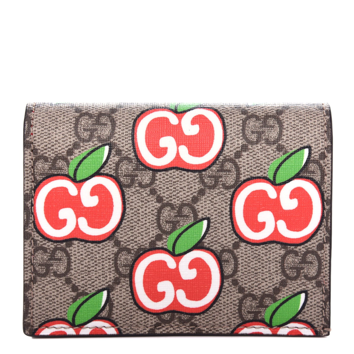 GG Supreme Monogram Apple Card Case Wallet Beige Multicolor Lobster Red