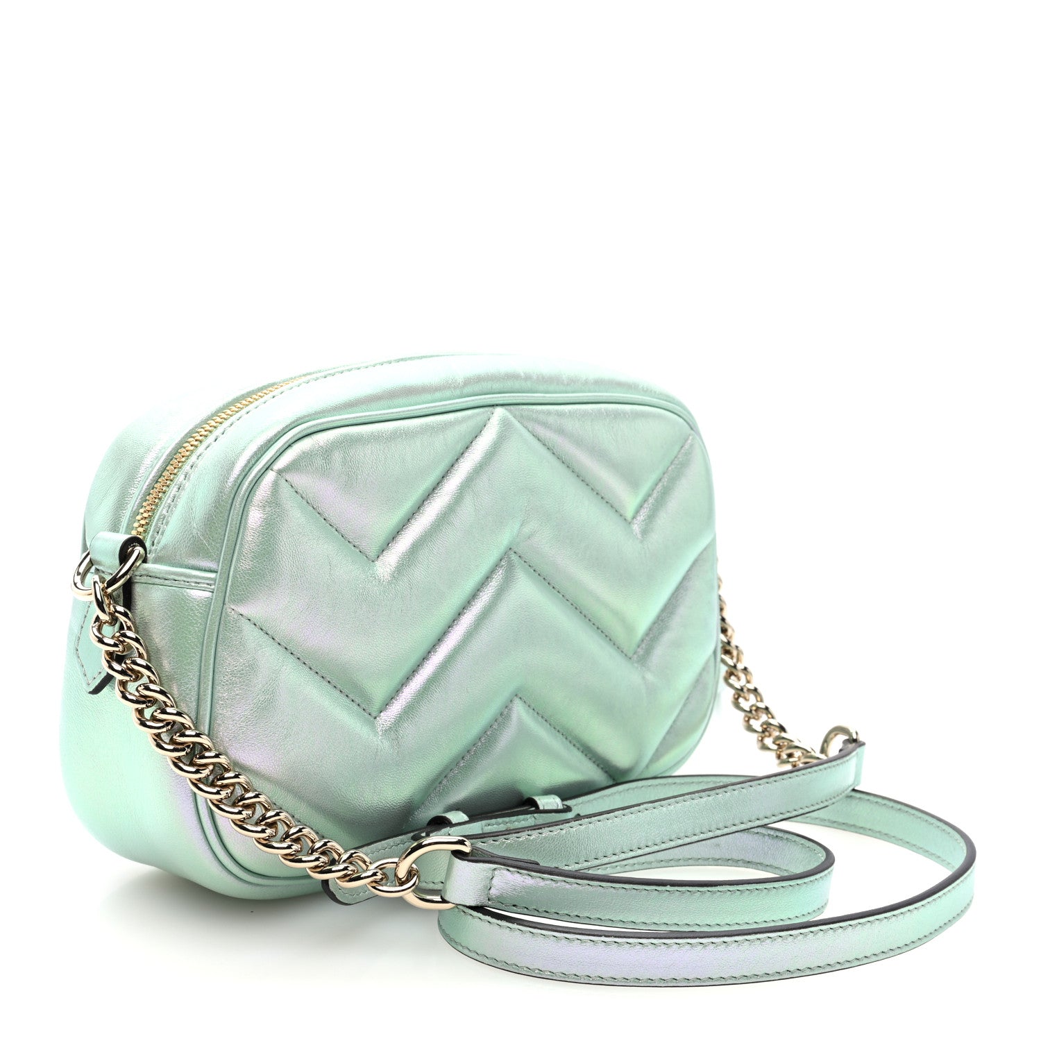 Gucci Iridescent Nappa Chevron Matelasse Small GG Marmont Chain Shoulder Bag Iridescent Salvy Green 3 of 10