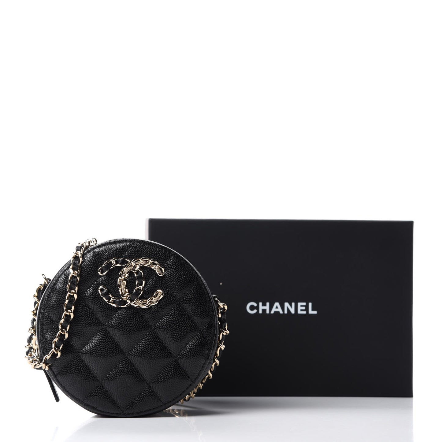 Caviar Quilted French New Wave Round Clutch With Chain Black