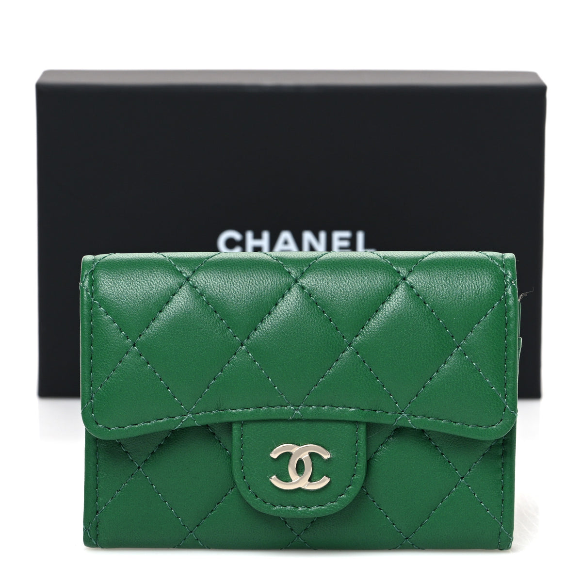 Lambskin Quilted Flap Card Holder Wallet Green
