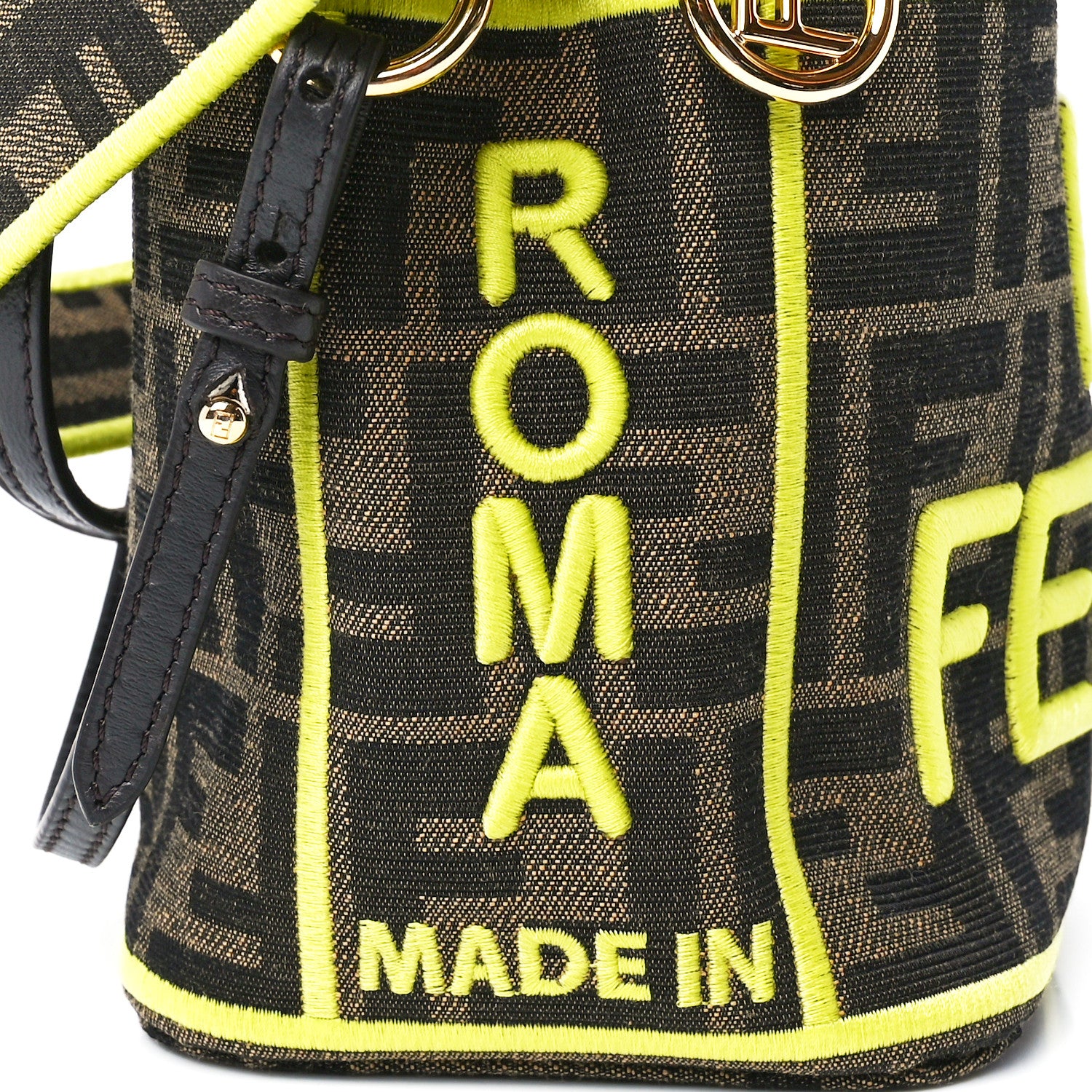 Fendi Fabric Jacquard Shiny Nappa FF 1974 Logo Threaded Edge Mini Mon Tresor Bucket Bag Tobacco Moro Giallo Fluo 8 of 12