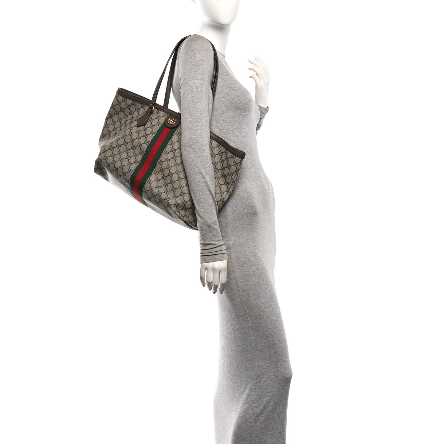 GG Supreme Monogram Textured Calfskin Web Medium Ophidia Shopping Tote Beige Ebony New Acero