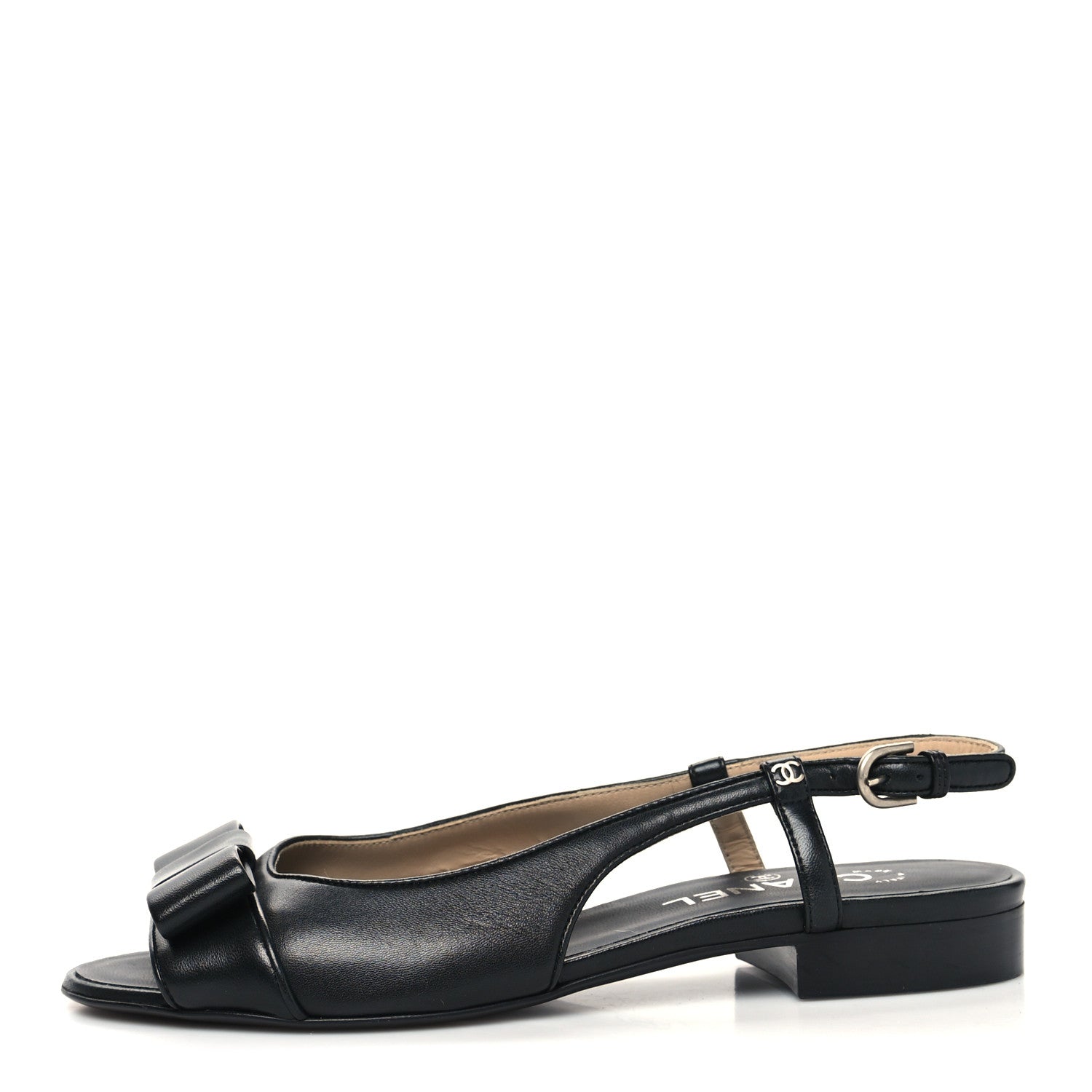 Chanel Lambskin Peep Toe Bow Slingback Flats 39 Black 1 of 10