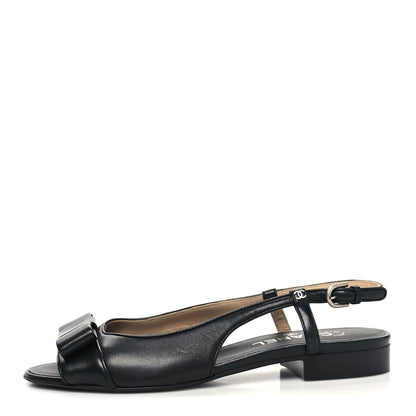 Chanel Lambskin Peep Toe Bow Slingback Flats 39 Black 1 of 10