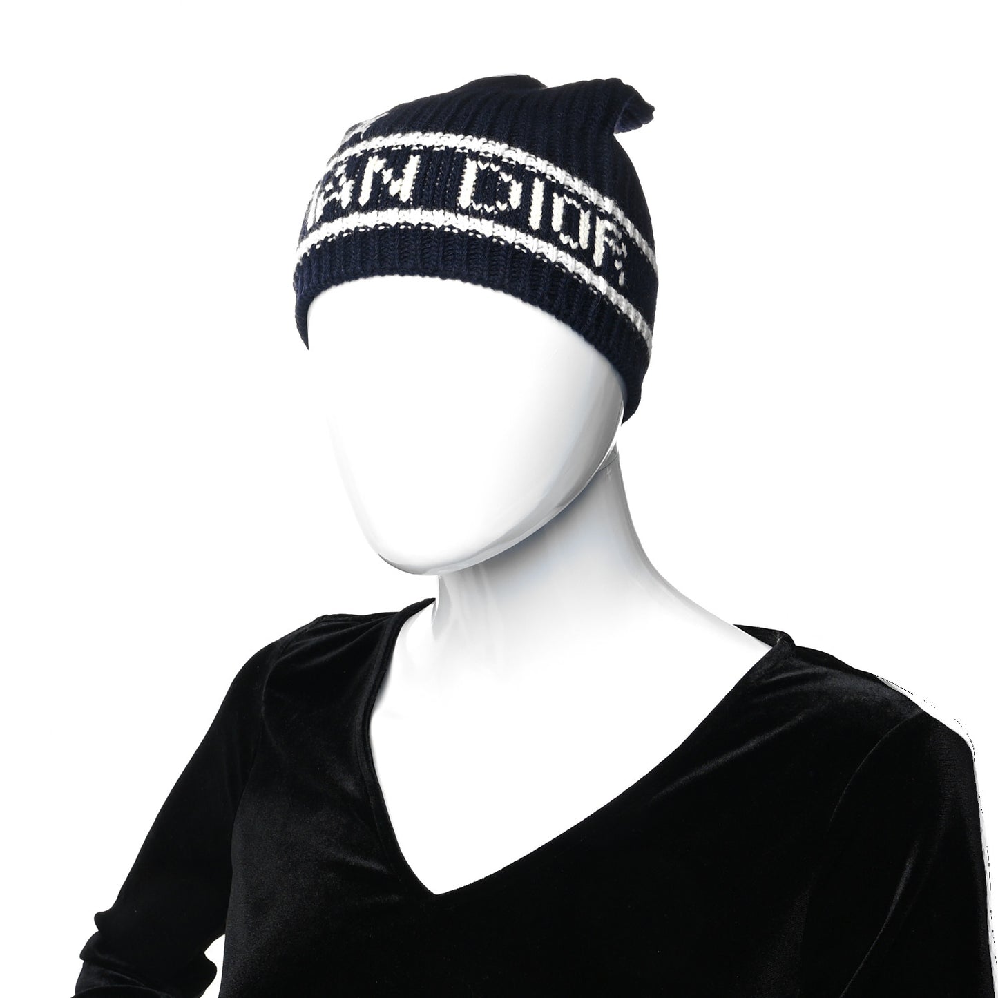 Cashmere Wool Beanie Navy Blue White