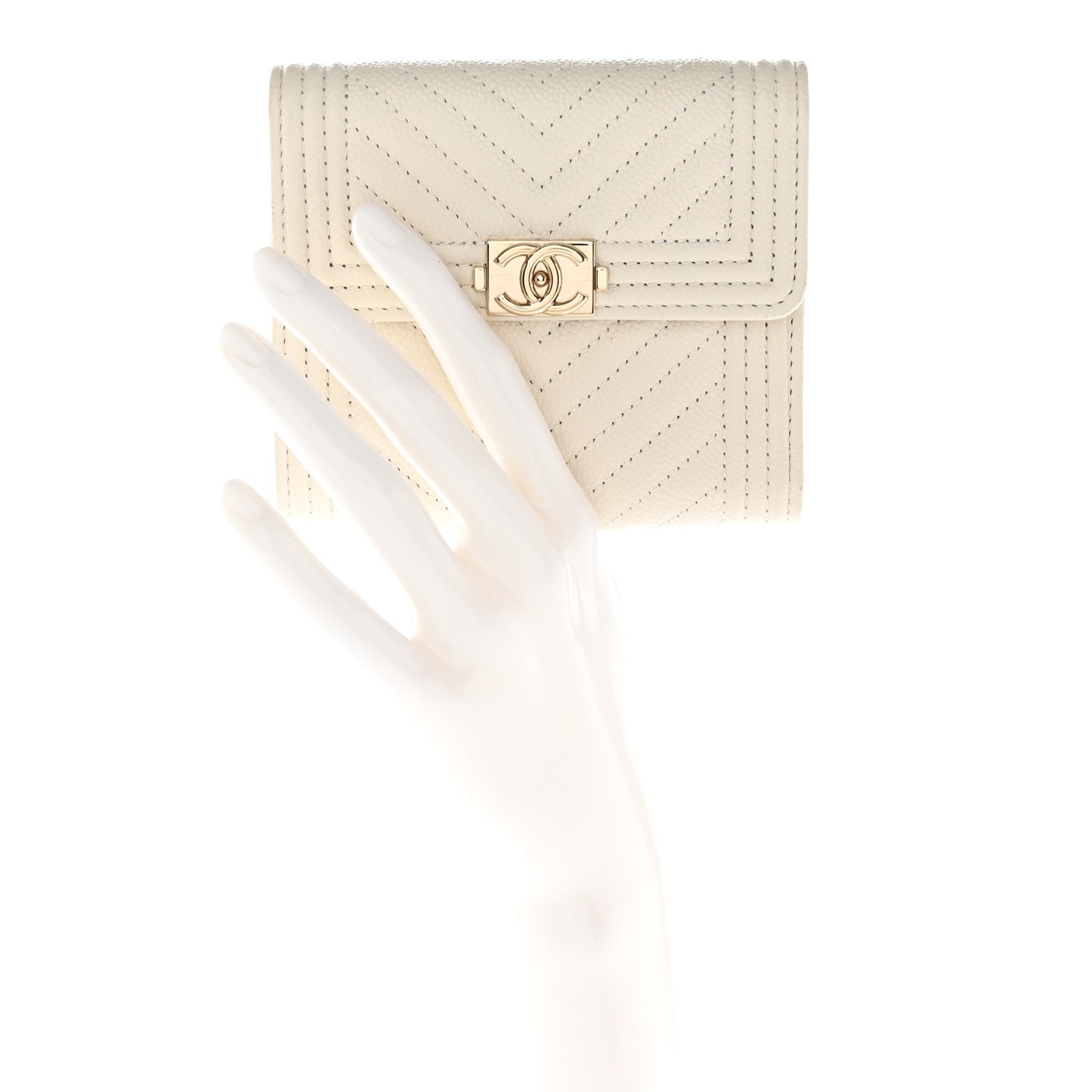 Caviar Chevron Quilted Boy Compact Wallet White
