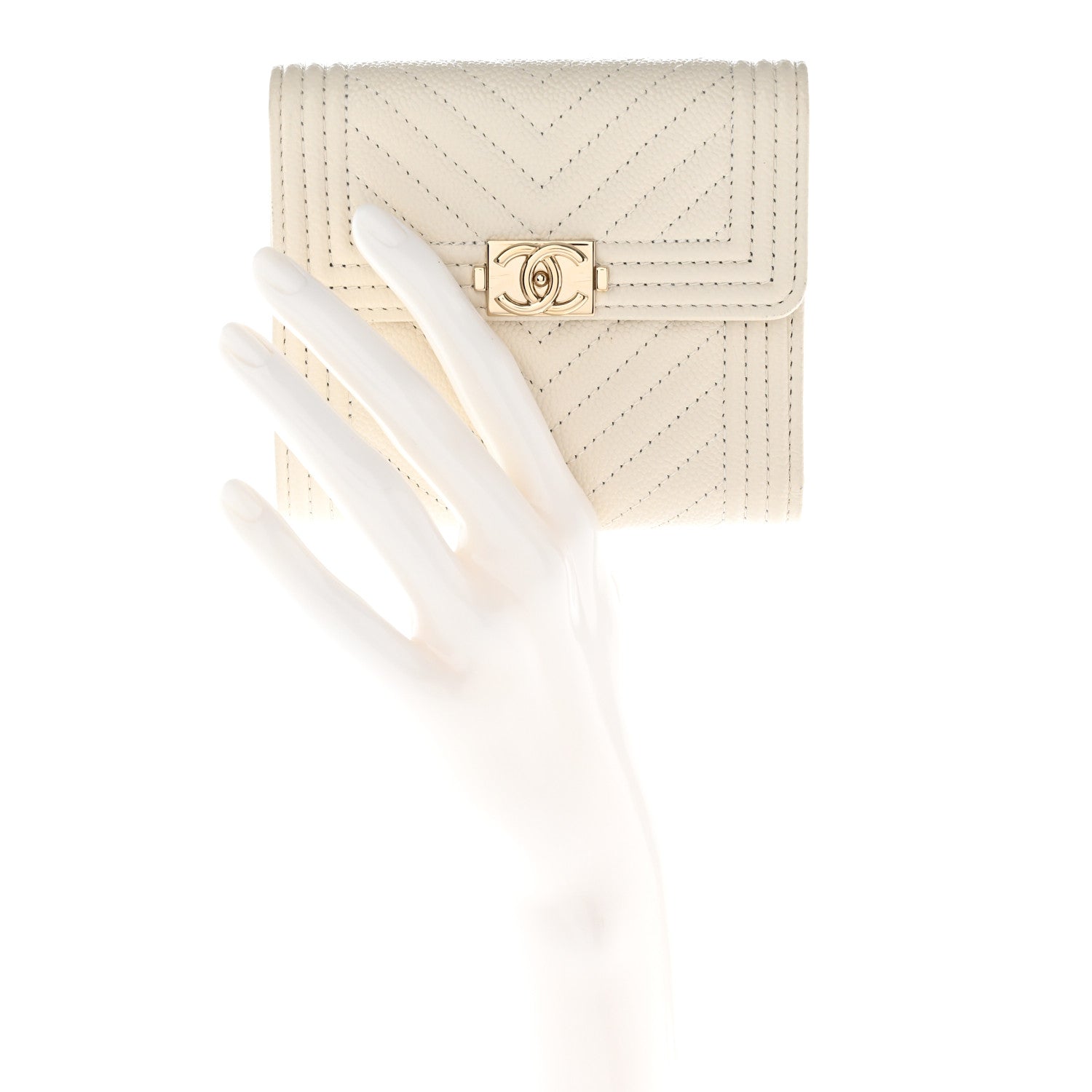 Chanel Caviar Chevron Quilted Boy Compact Wallet White 2 of 10
