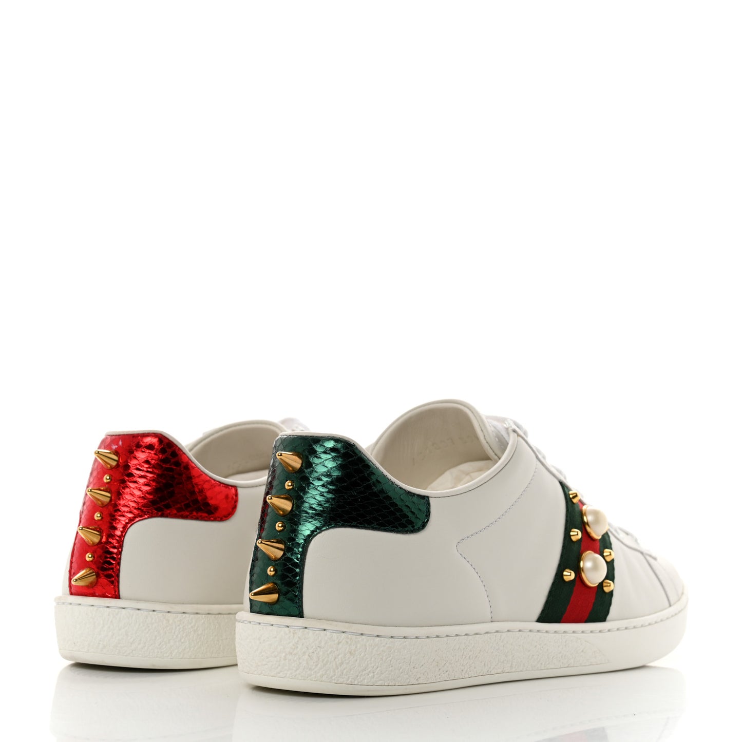 Calfskin Web Pearl Studded Womens Ace Sneakers 39.5 White