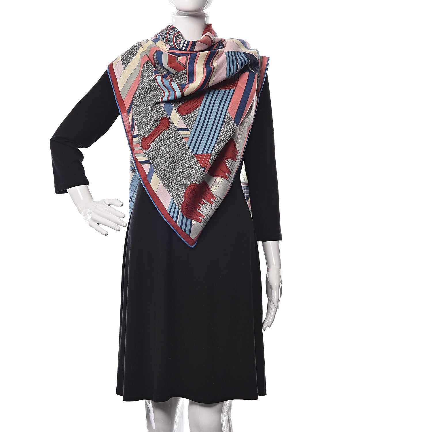 Hermes Cashmere Silk Sangles En Zigzag Shawl 140 Rose Nacre Bleu Brique 2 of 7