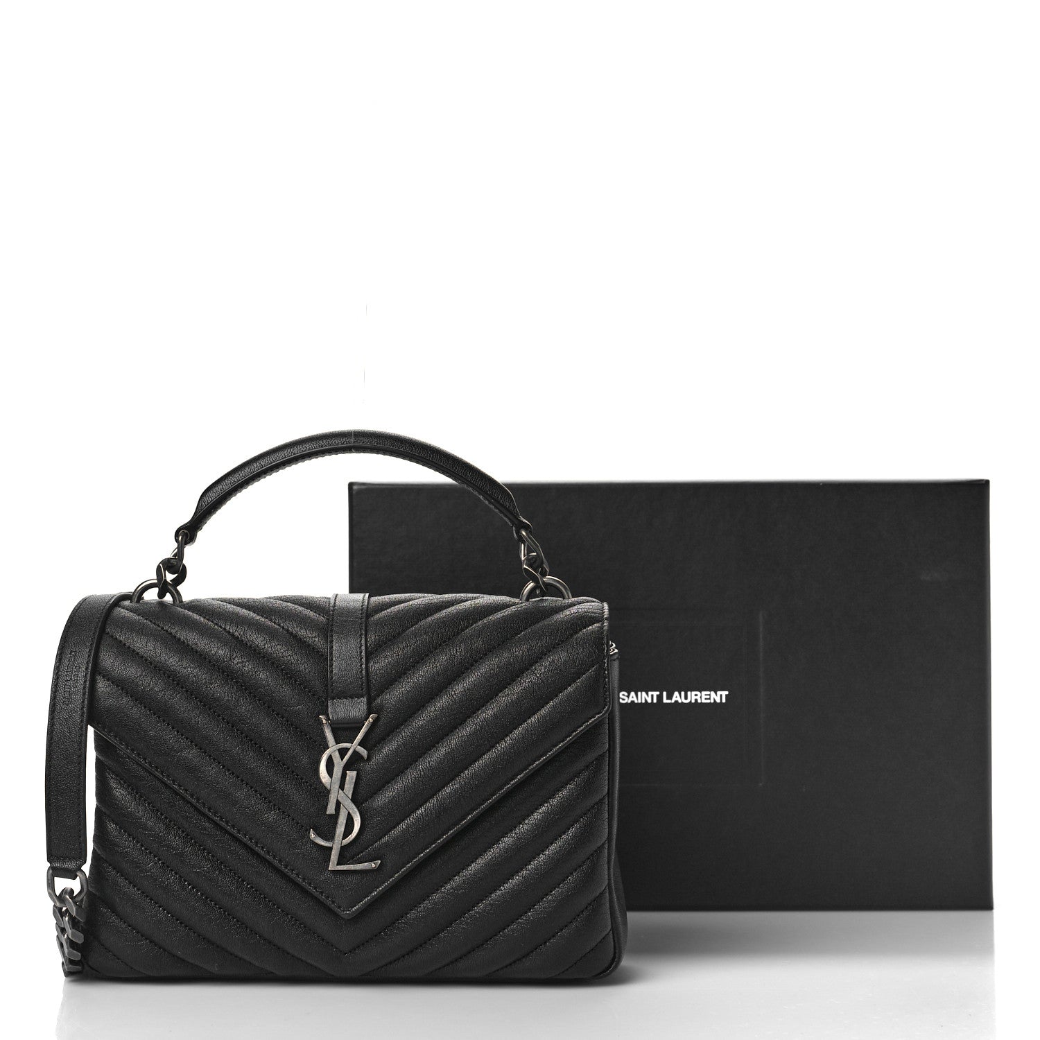 Saint Laurent Sheepskin Matelasse Chevron Monogram Medium College Bag Black 11 of 11