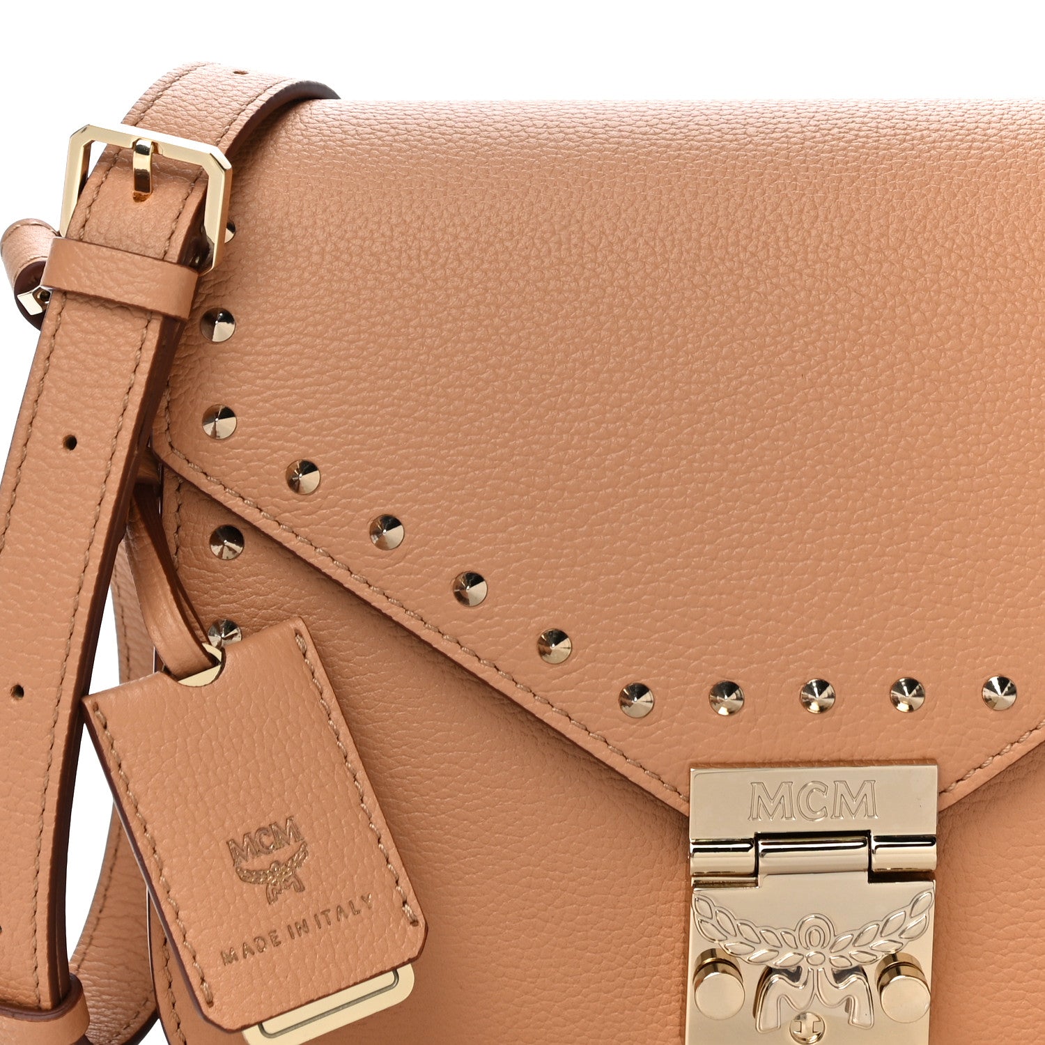 MCM Calfskin Studded Patricia Crossbody Bag Biscuit 8 of 10
