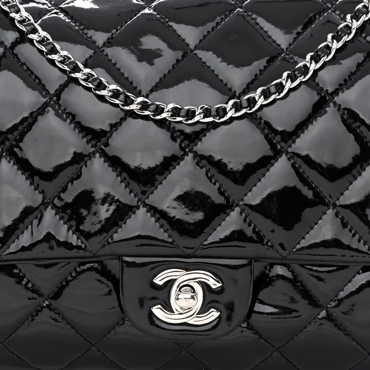 Patent Quilted Clutch with Chain Flap Black