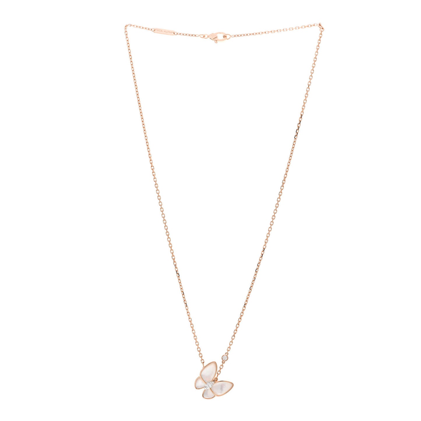 18K Rose Gold Diamond Mother of Pearl Two Butterfly Pendant Necklace