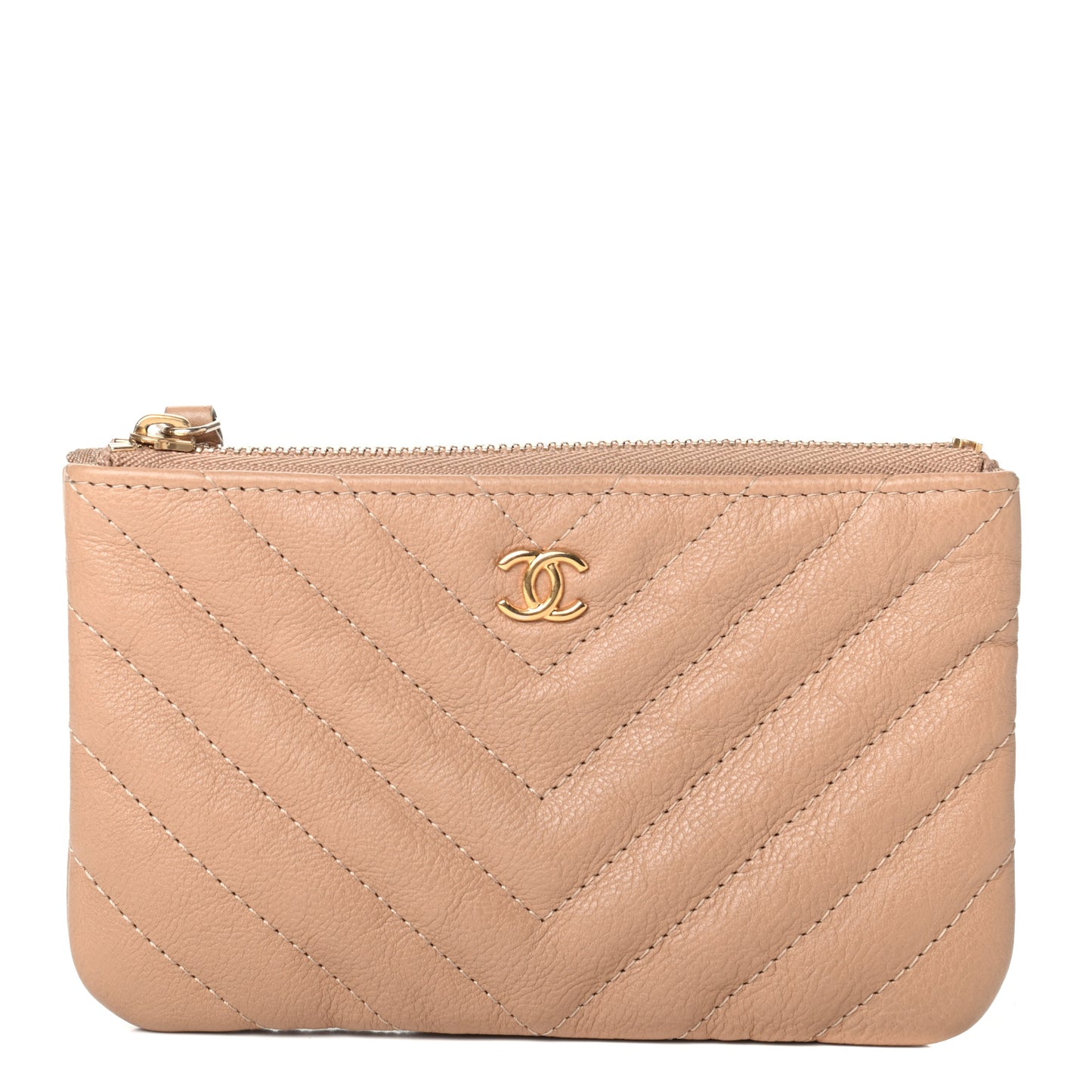 Crumpled Calfskin Chevron Quilted Small Cosmetic Case Dark Beige