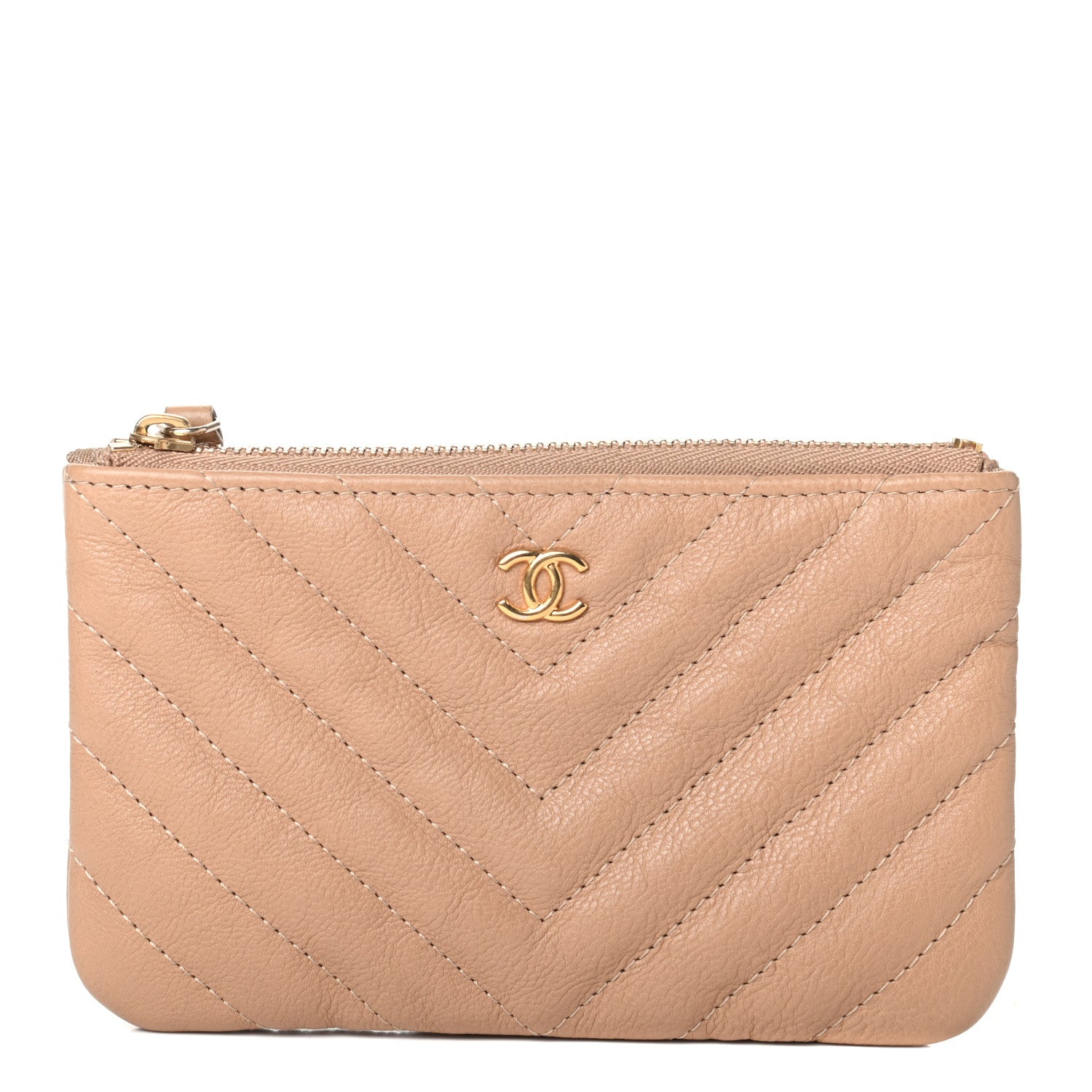 Chanel Crumpled Calfskin Chevron Quilted Small Cosmetic Case Dark Beige 1 of 9