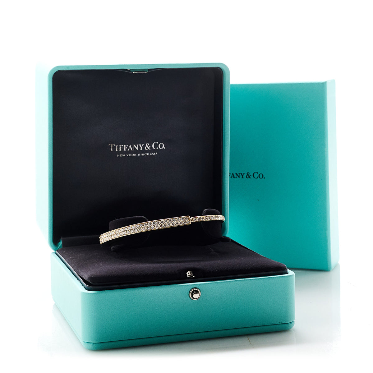 Tiffany 18K Yellow Gold Diamond Tiffany Lock Bangle Pave Bracelet 14 of 14