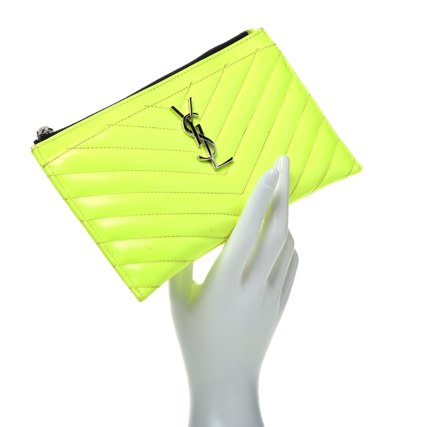 Patent Grain De Poudre Matelasse Chevron Monogram Bill Pouch Neon Yellow