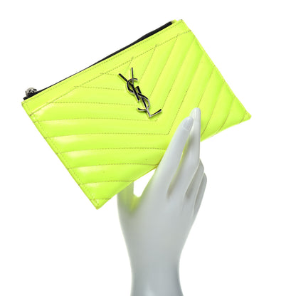 Saint Laurent Patent Grain De Poudre Matelasse Chevron Monogram Bill Pouch Neon Yellow 2 of 7