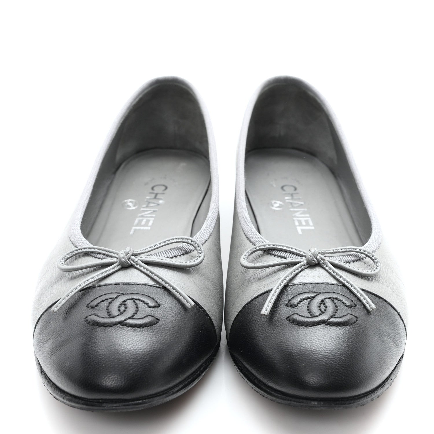 Chanel Lambskin Cap Toe CC Ballerina Flats 37.5 Grey Black 3 of 9