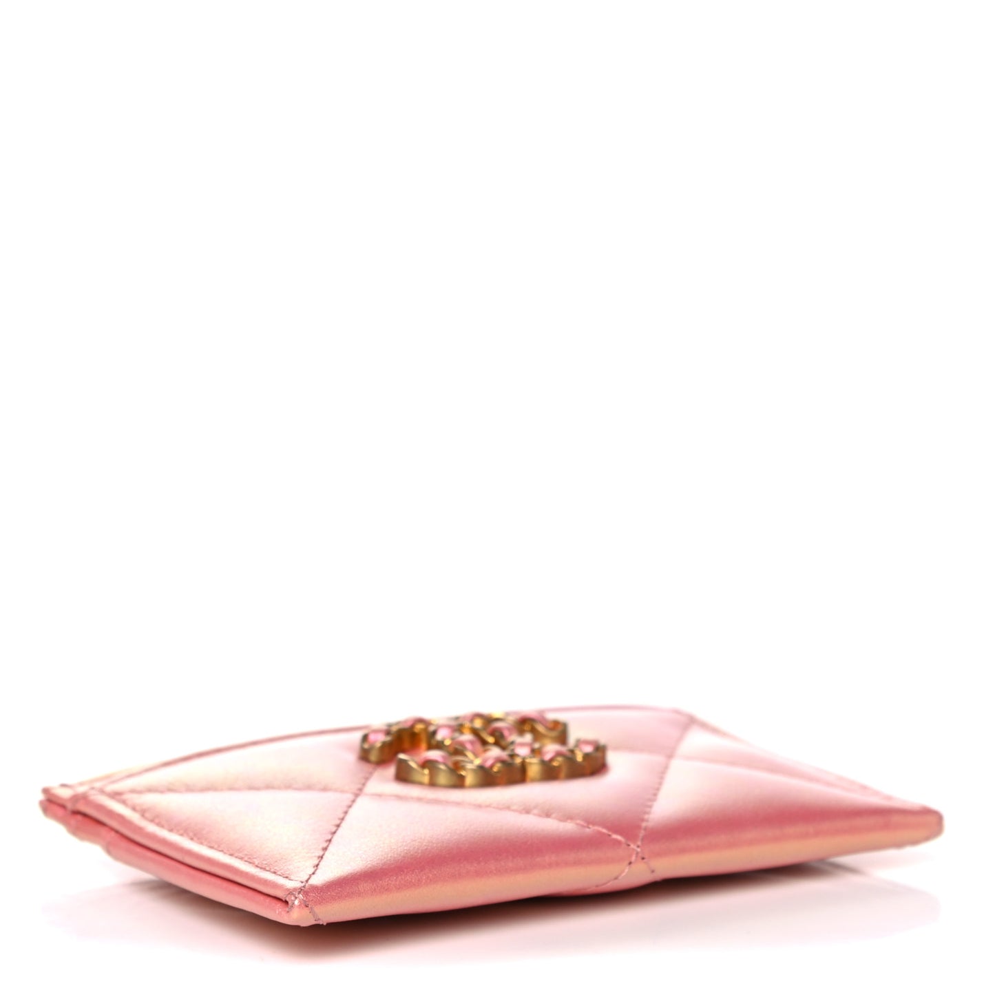 Iridescent Calfskin Quilted Chanel 19 Card Holder Pink