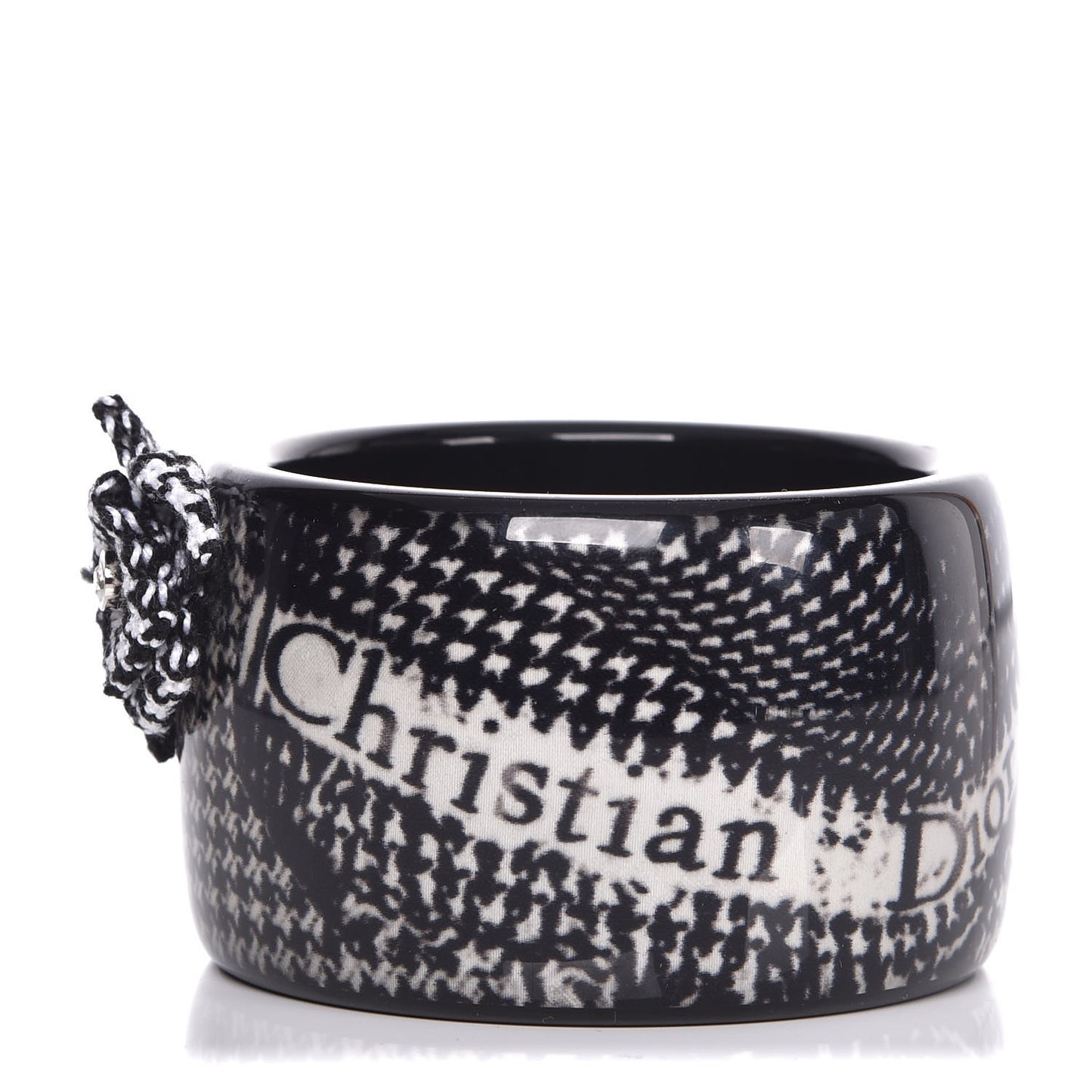 Resin Tweed Crystal Houndstooth Print Wide Bracelet Black