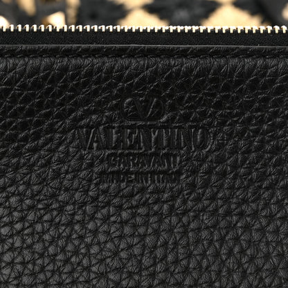 Valentino Garavani Raffia Embroidered Checkered Calfskin Rockstud Shopping Tote Natural Black 7 of 10