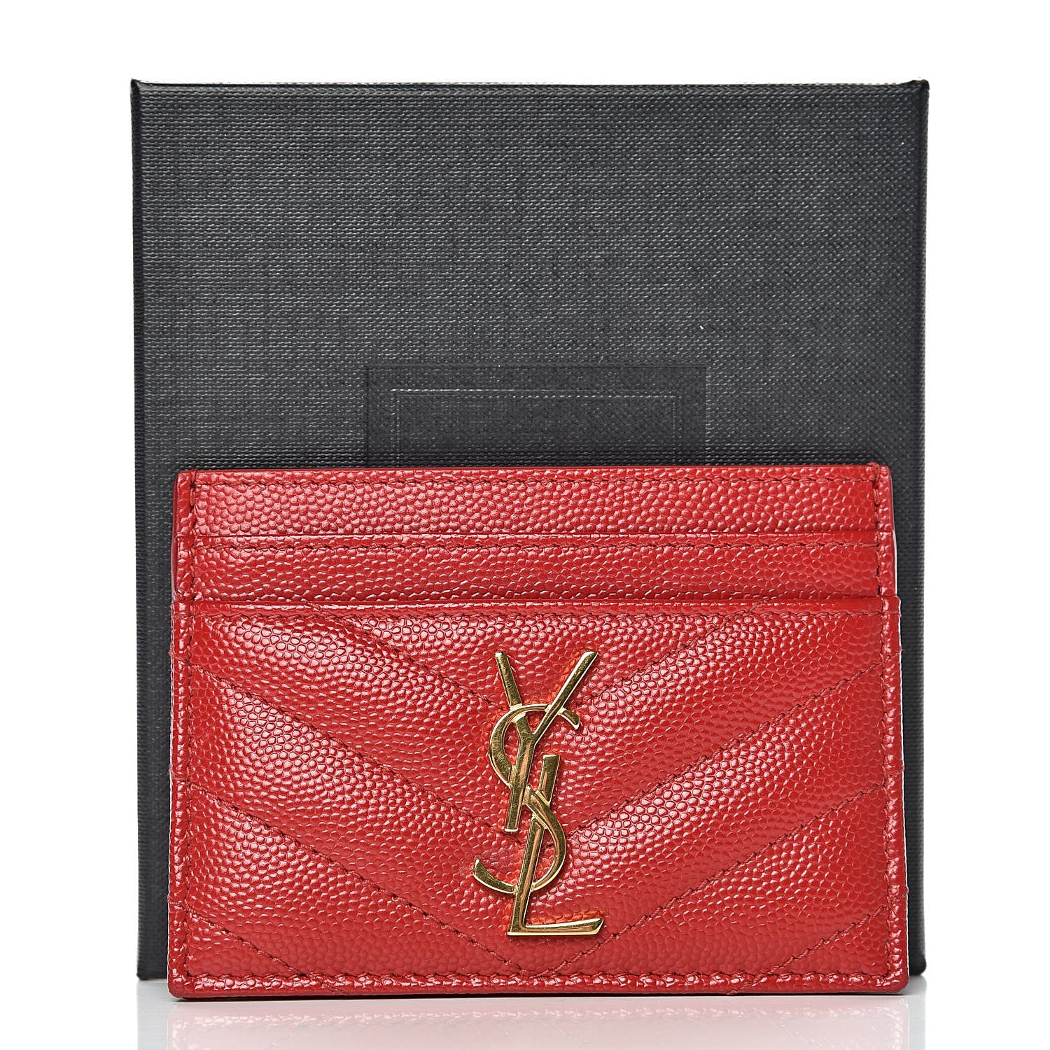 Saint Laurent Grain De Poudre Matelasse Chevron Monogram Credit Card Case New Red 9 of 9
