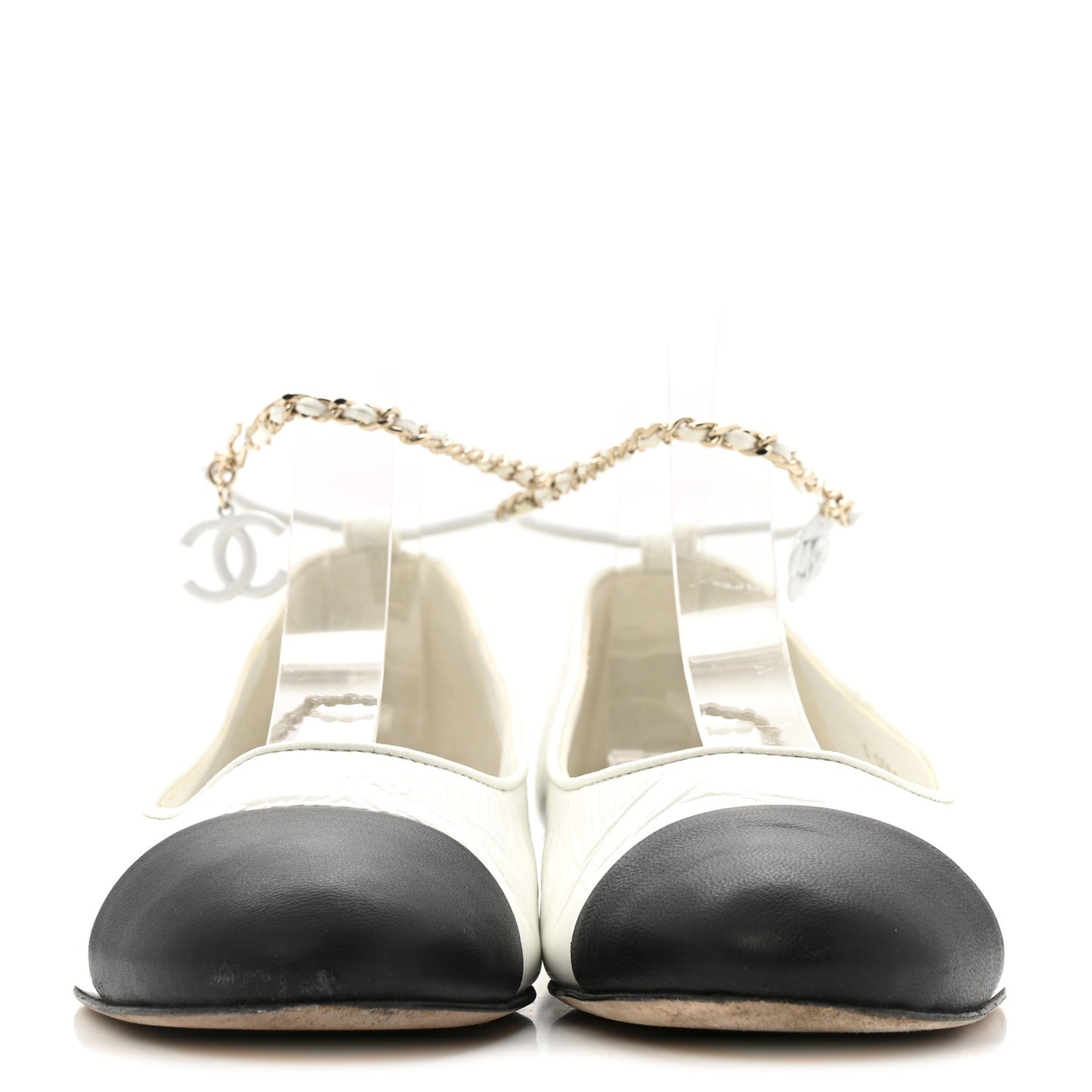 Shiny Lambskin Metal Cap Toe Ankle Chain Ballerina Flats 39.5 White Black