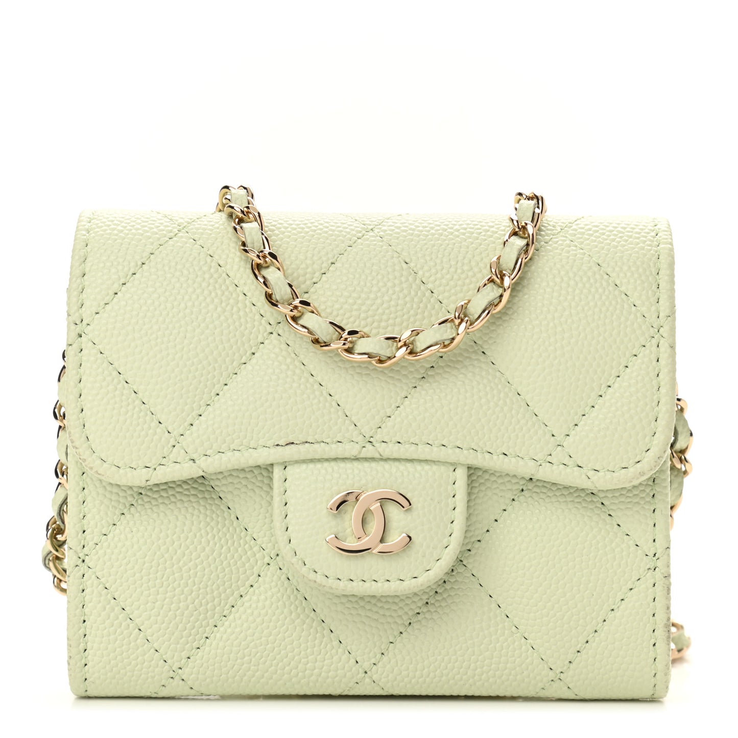 Caviar Quilted Flap Card Holder On Chain Light Green