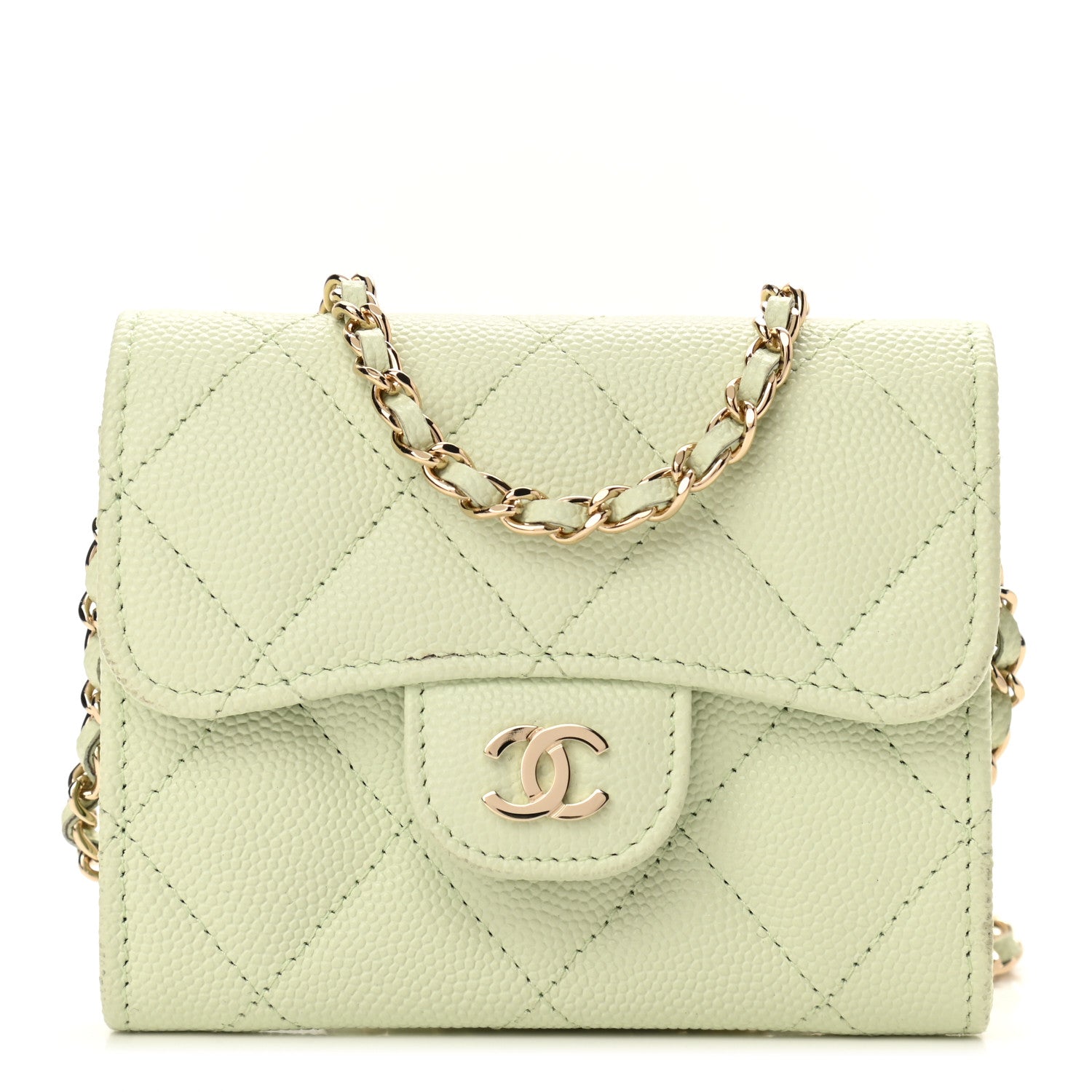 Chanel Caviar Quilted Flap Card Holder On Chain Light Green 1 of 10