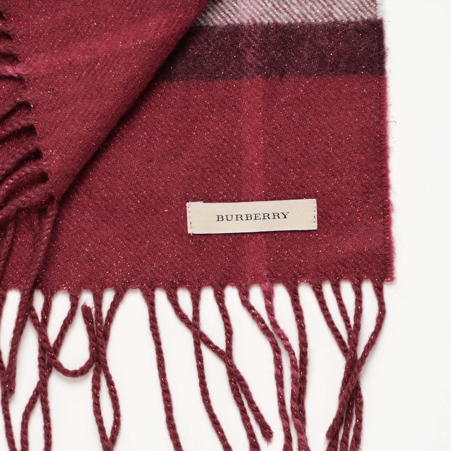Cashmere Metallic Giant Check Fringe Scarf Red
