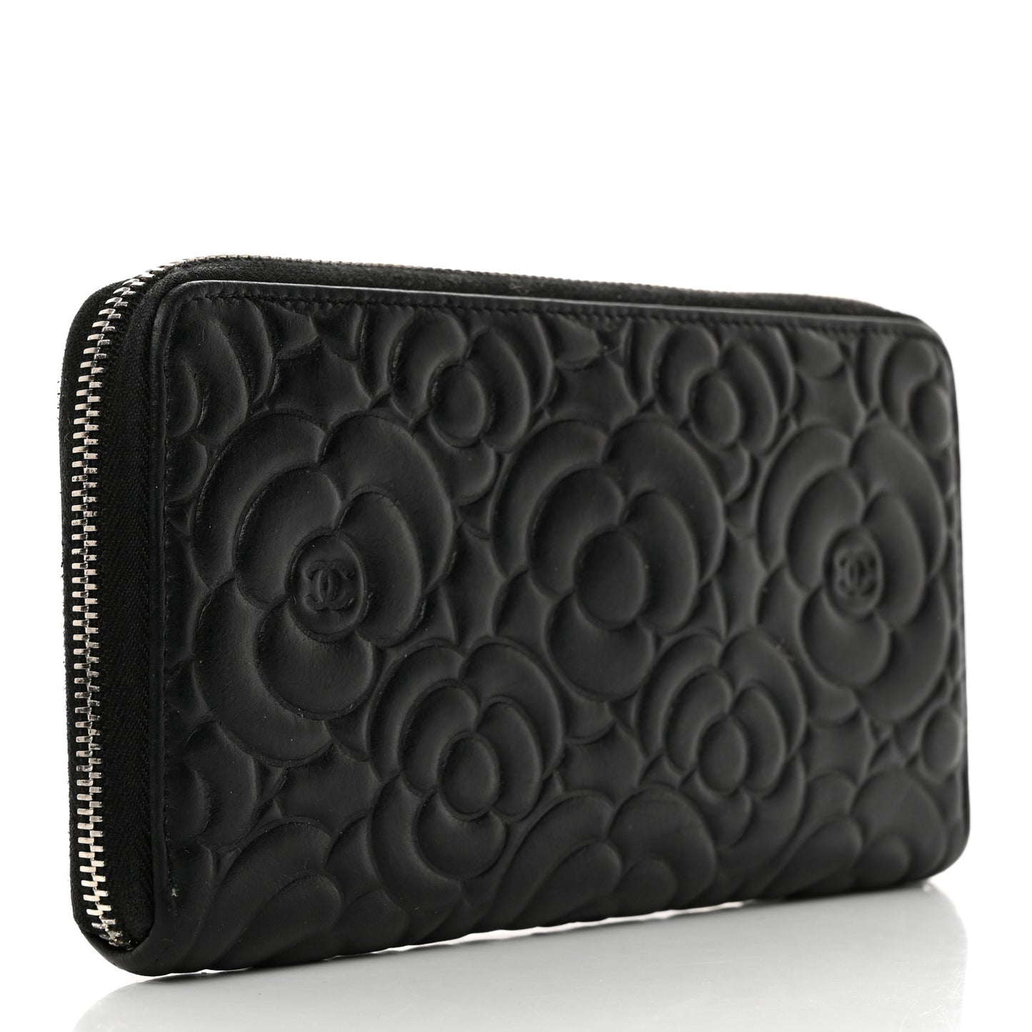 Lambskin Camellia Embossed Large Zip Around Gusset Wallet Black
