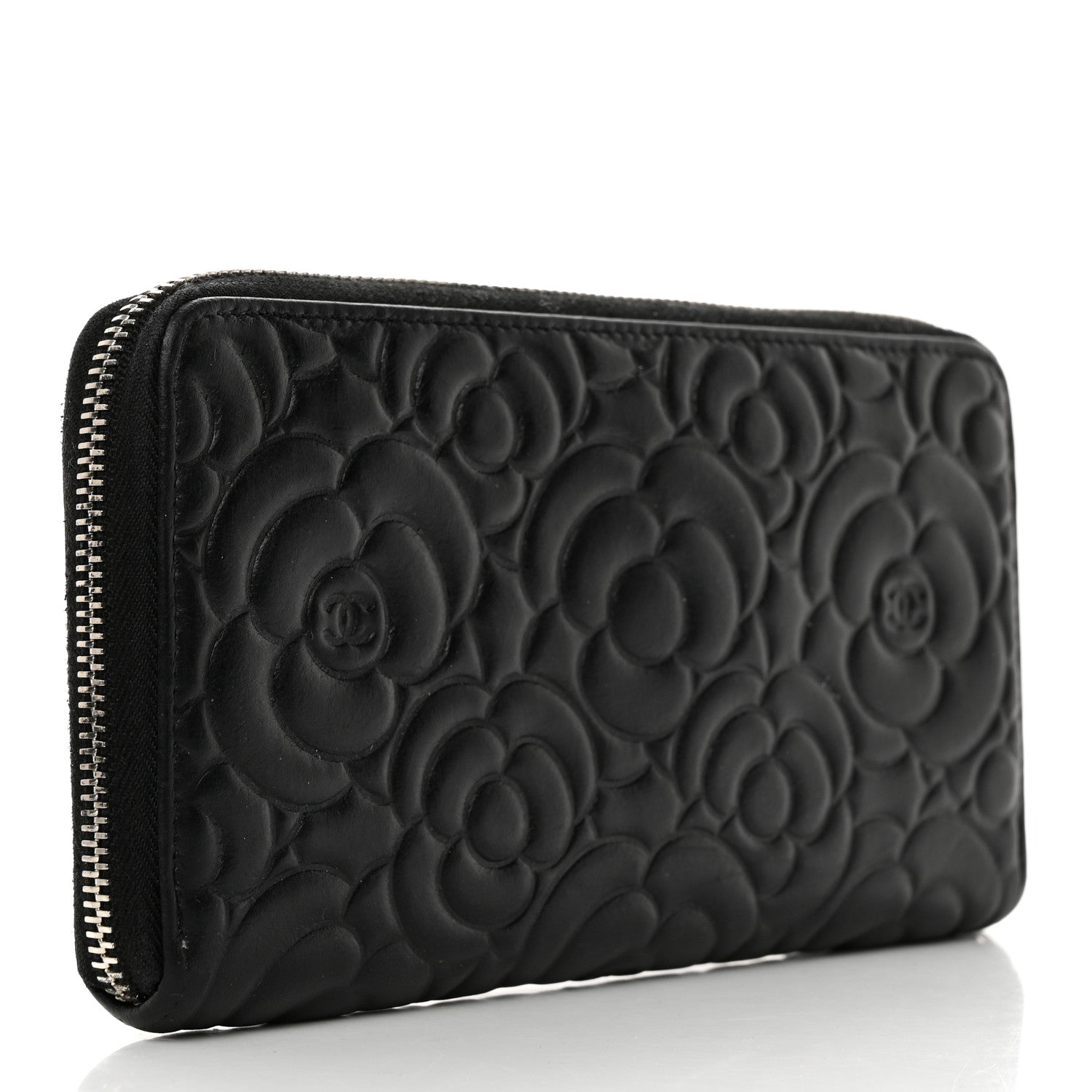 Chanel Lambskin Camellia Embossed Large Zip Around Gusset Wallet Black 3 of 12