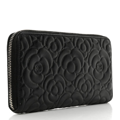 Chanel Lambskin Camellia Embossed Large Zip Around Gusset Wallet Black 3 of 12