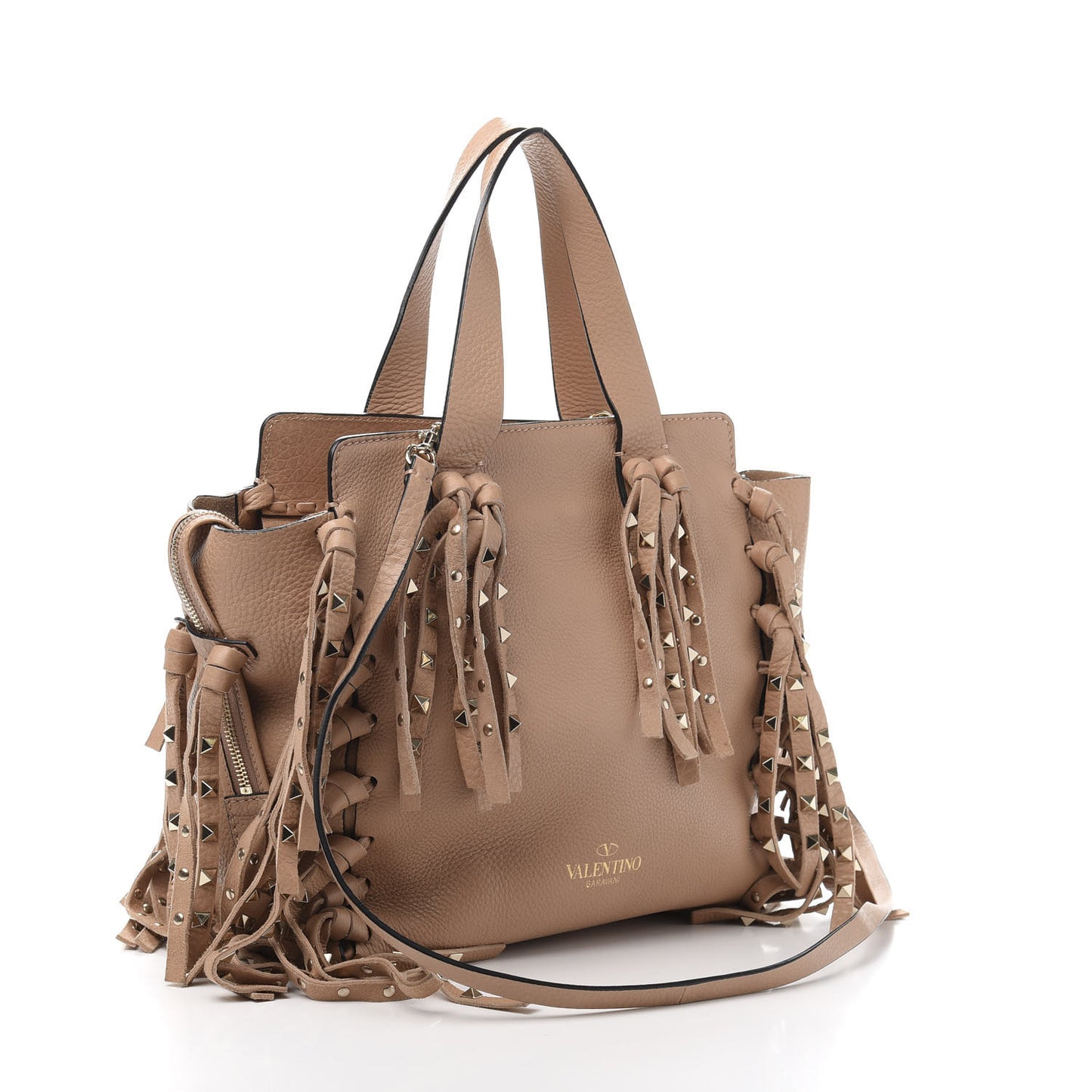Grained Calfskin Small Rockstud C-Rockee Fringe Tote Poudre
