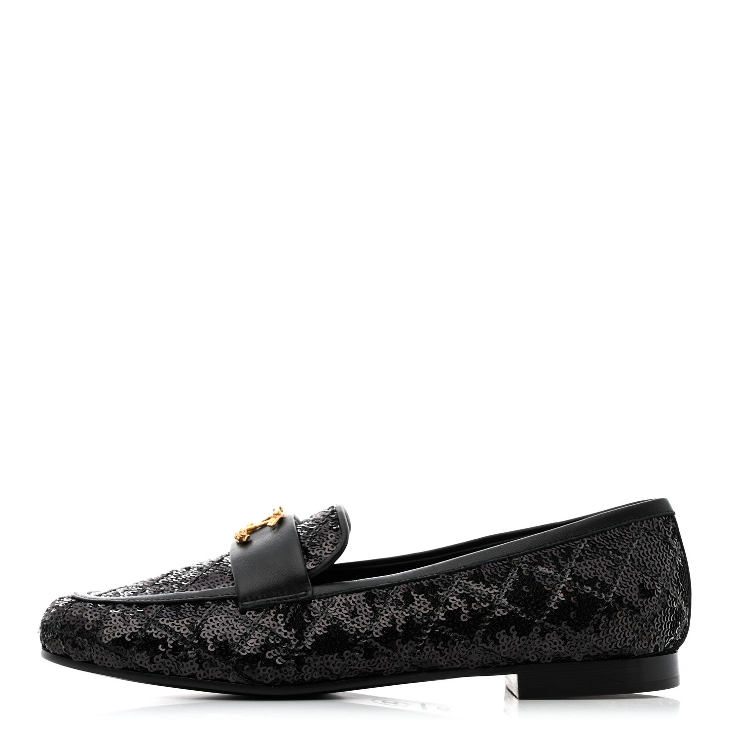Chanel Sequin Lambskin Quilted CC Loafers 37.5 Black 1 of 9