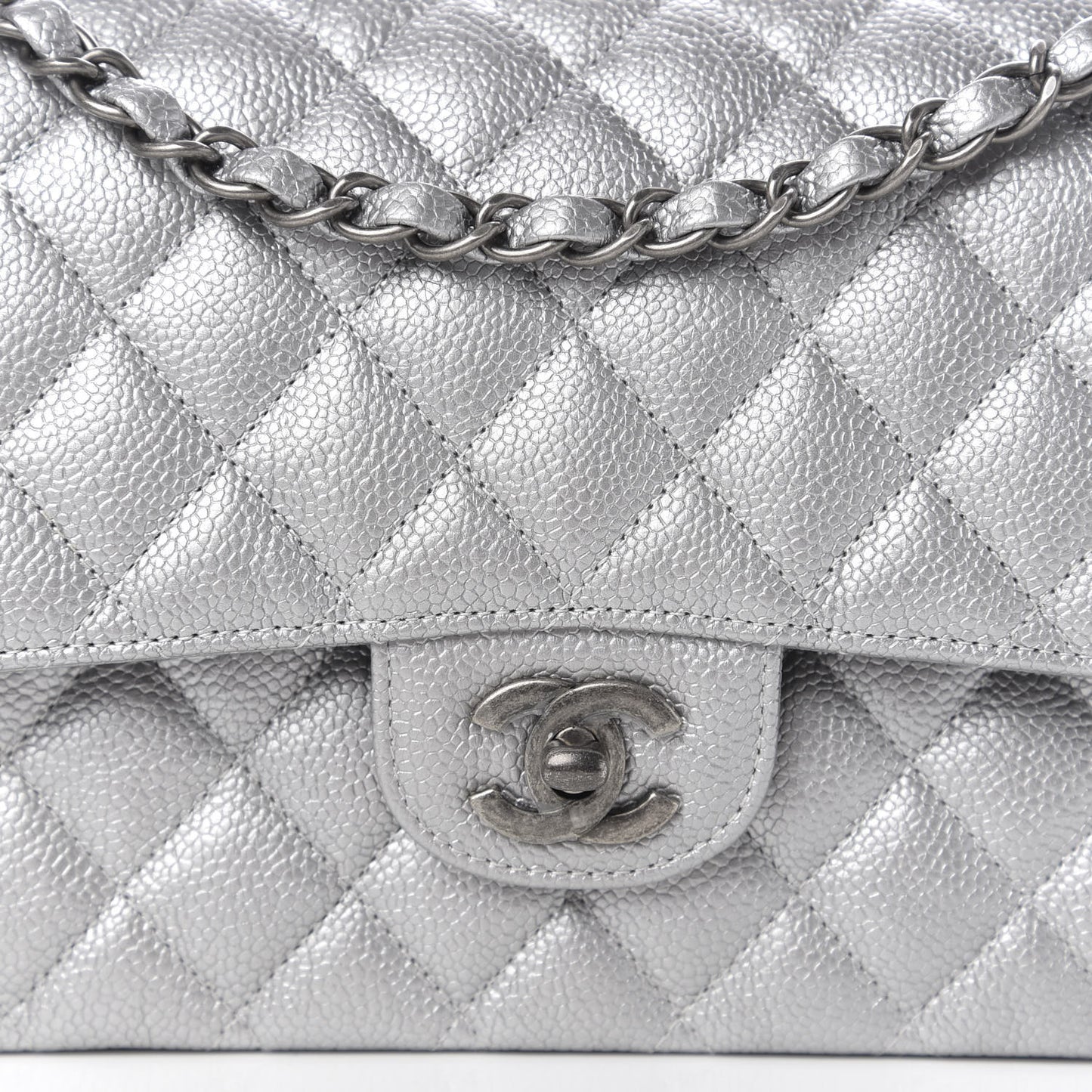 Metallic Caviar Quilted Medium Double Flap Silver