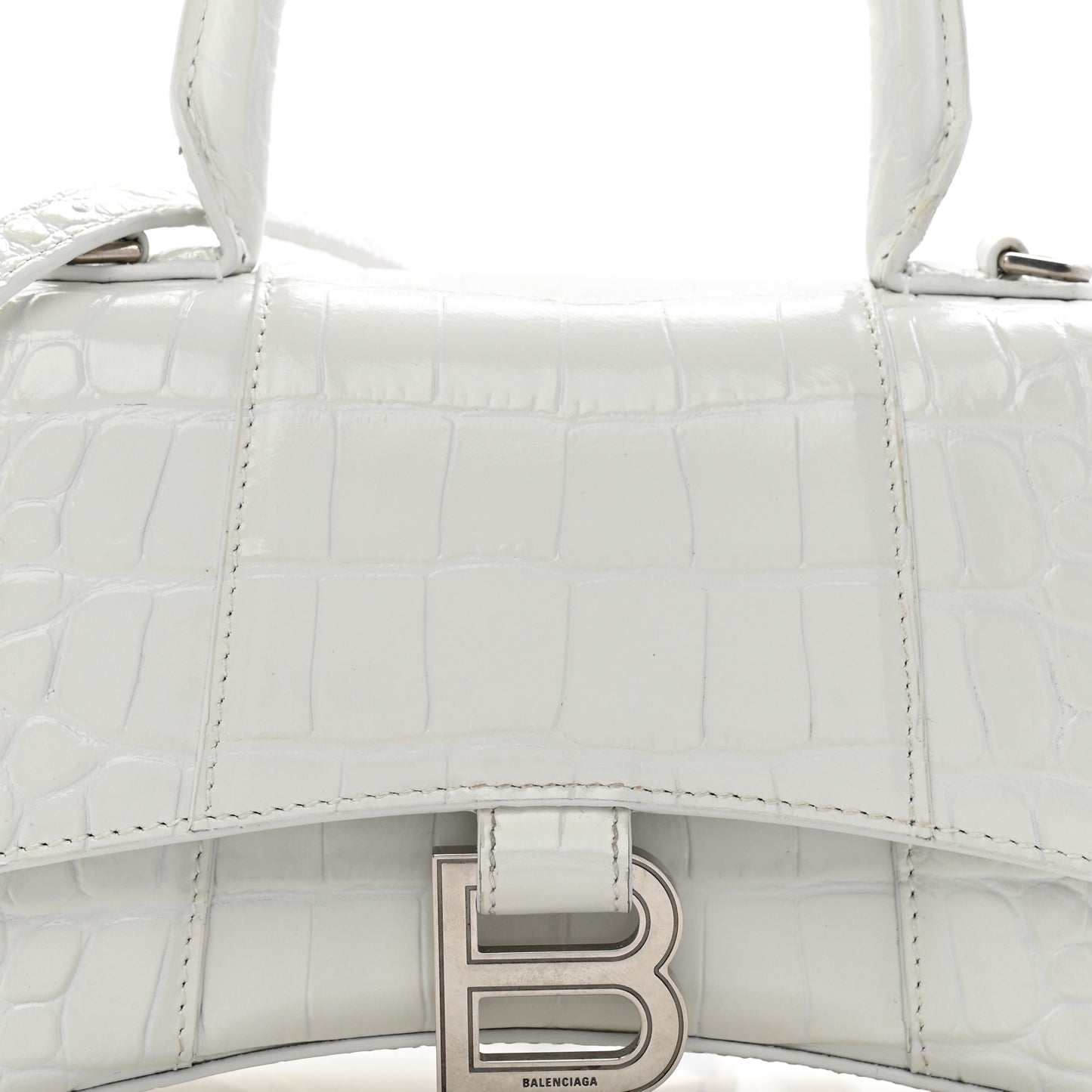 Shiny Calfskin Crocodile Embossed Hourglass Top Handle Bag XS White