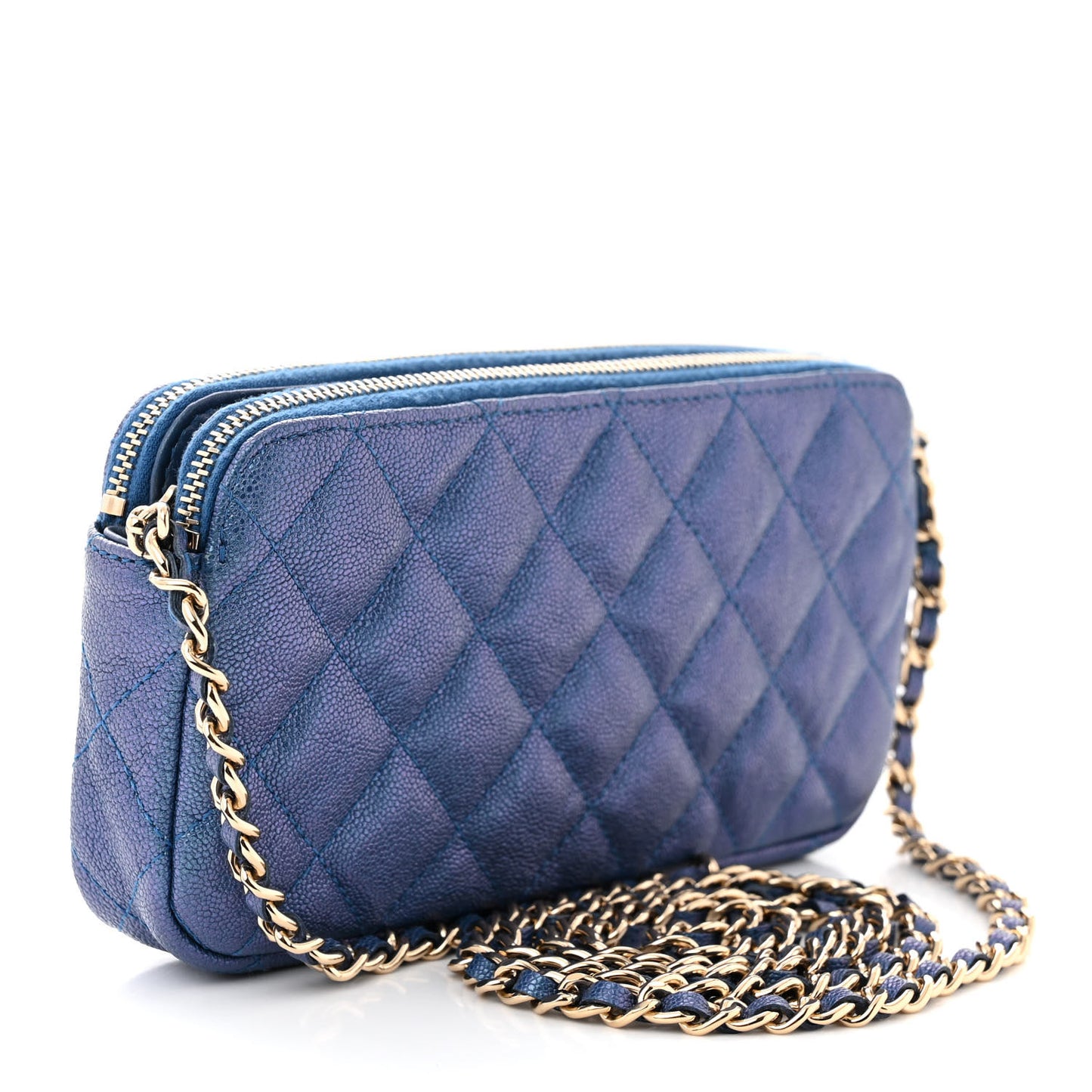 Iridescent Caviar Quilted Clutch With Chain Dark Blue