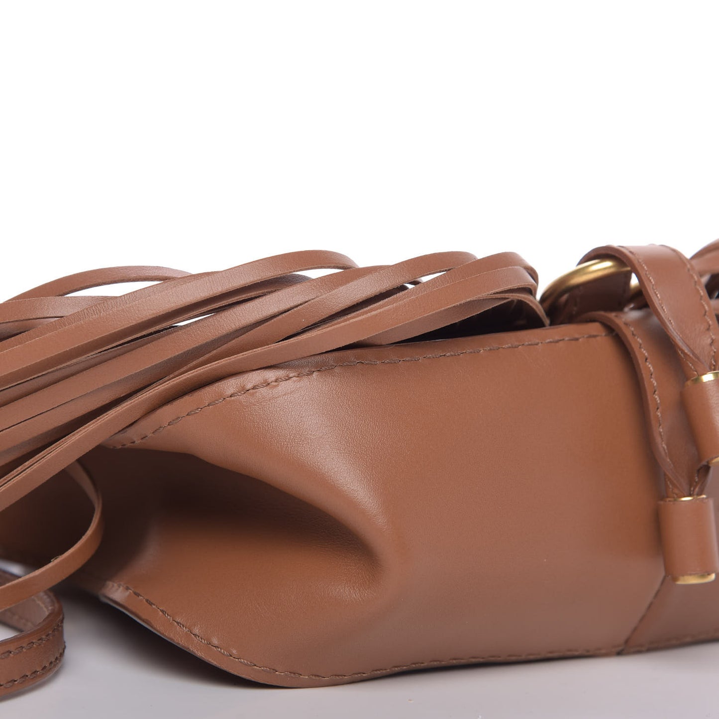 Shiny Small Grain Calfskin Mini Marcie Multi Fringe Satchel Tan