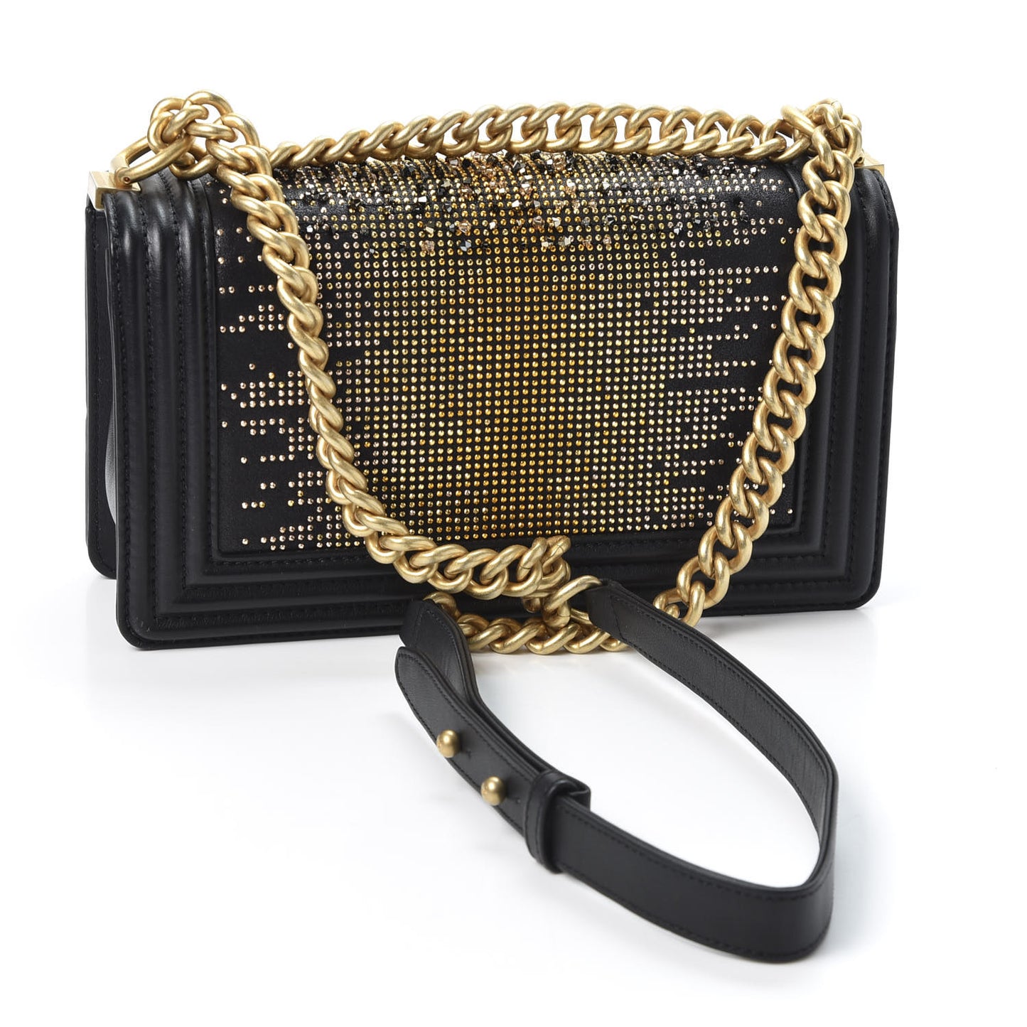 Calfskin Strass Studded Medium Boy Flap Black Gold