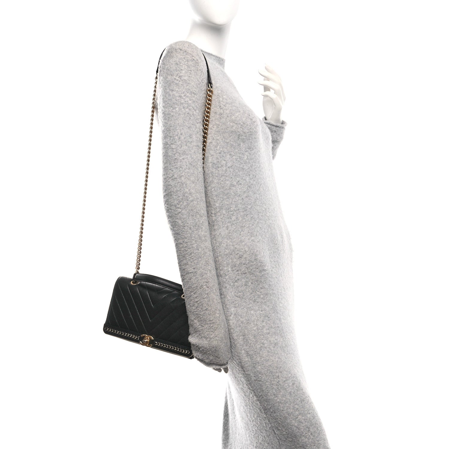 Chanel Sheepskin Chevron Stitched Chain Top Handle Flap Black 2 of 10